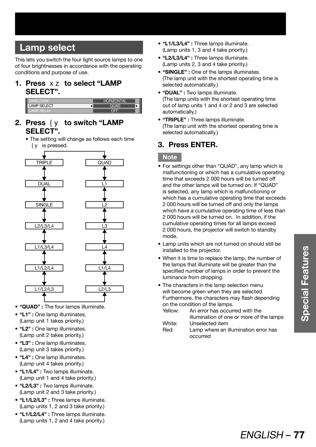 Panasonic PT-DW100U operating instructions Lamp select, Press to select Lamp Select, Press to switch Lamp Select 