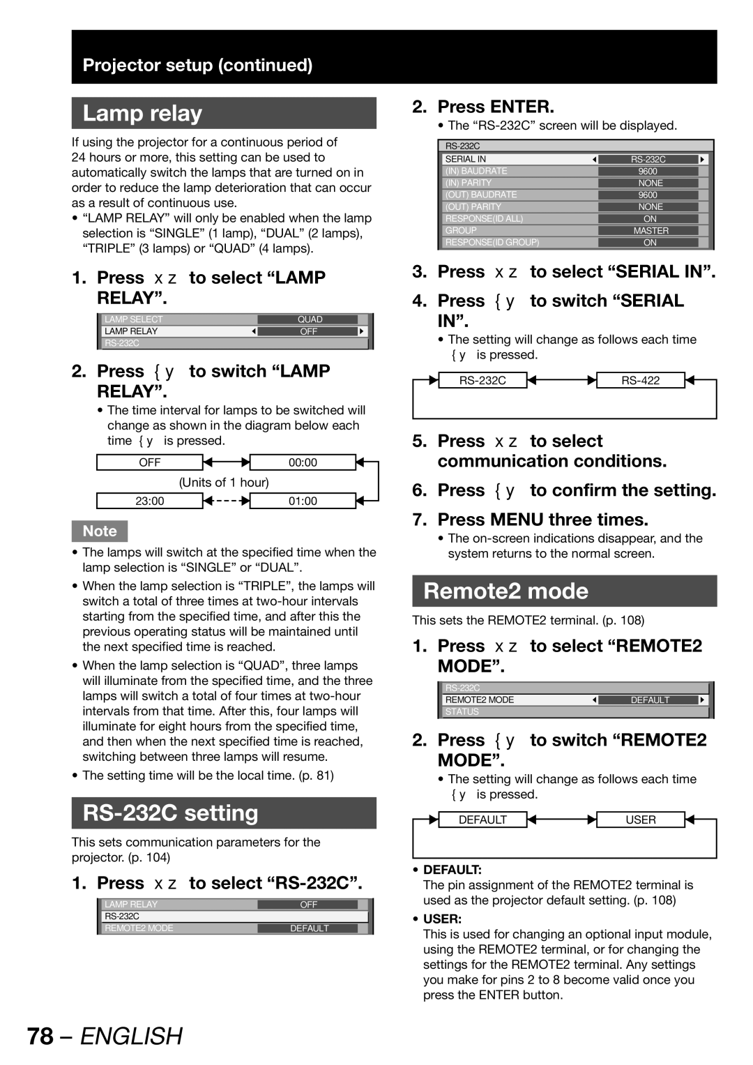 Panasonic PT-DW100U operating instructions Lamp relay, RS-232C setting, Remote2 mode 