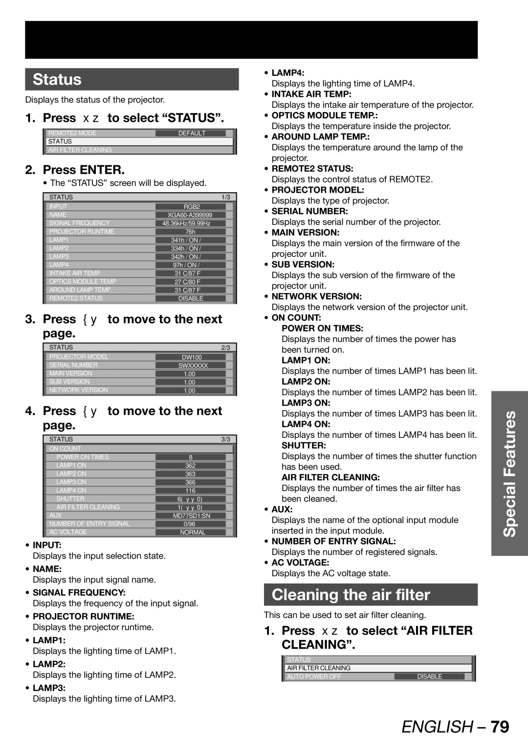 Panasonic PT-DW100U operating instructions Cleaning the air filter, Press to select Status, Press to move to the next 