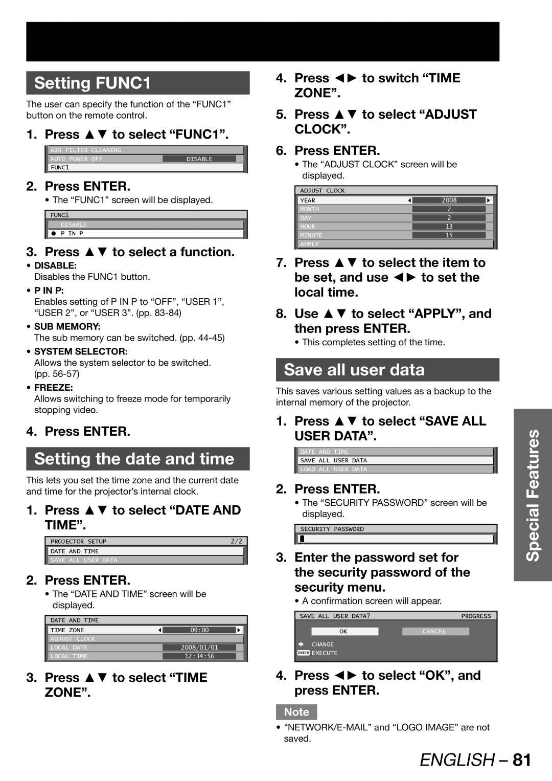 Panasonic PT-DW100U operating instructions Setting FUNC1, Setting the date and time, Save all user data 