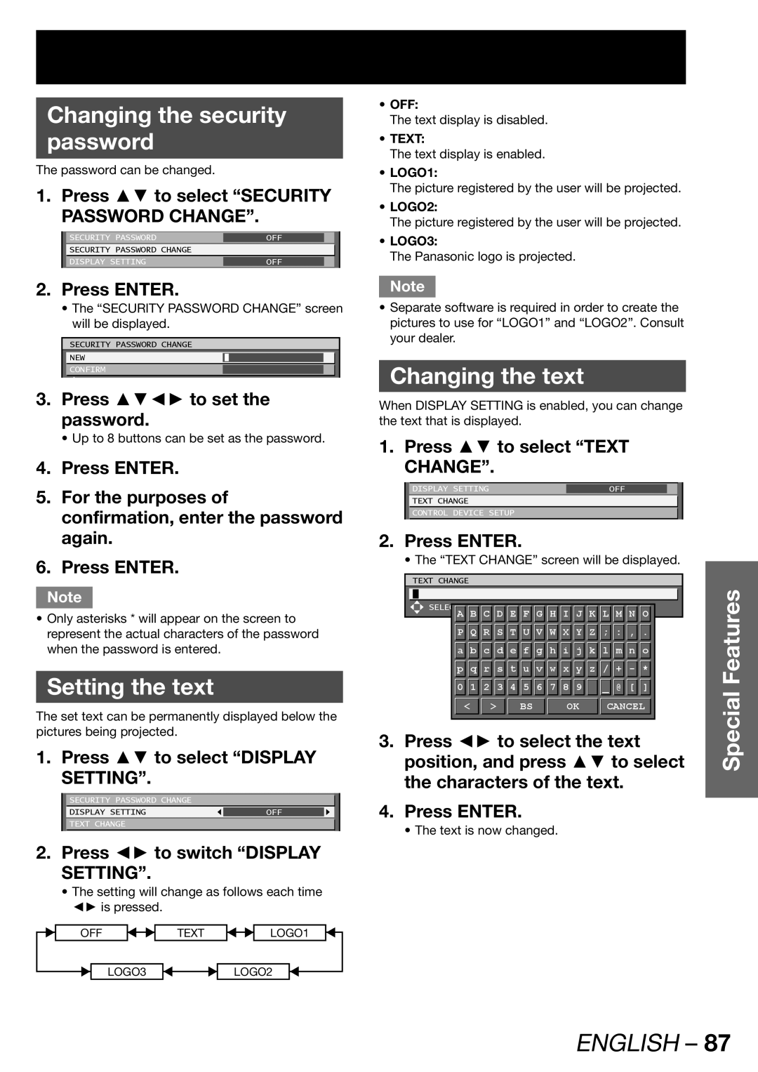 Panasonic PT-DW100U operating instructions Changing the security Password, Setting the text, Changing the text 