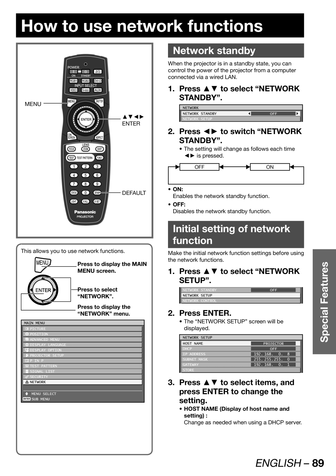 Panasonic PT-DW100U How to use network functions, Network standby, Initial setting of network Function, Press Enter 