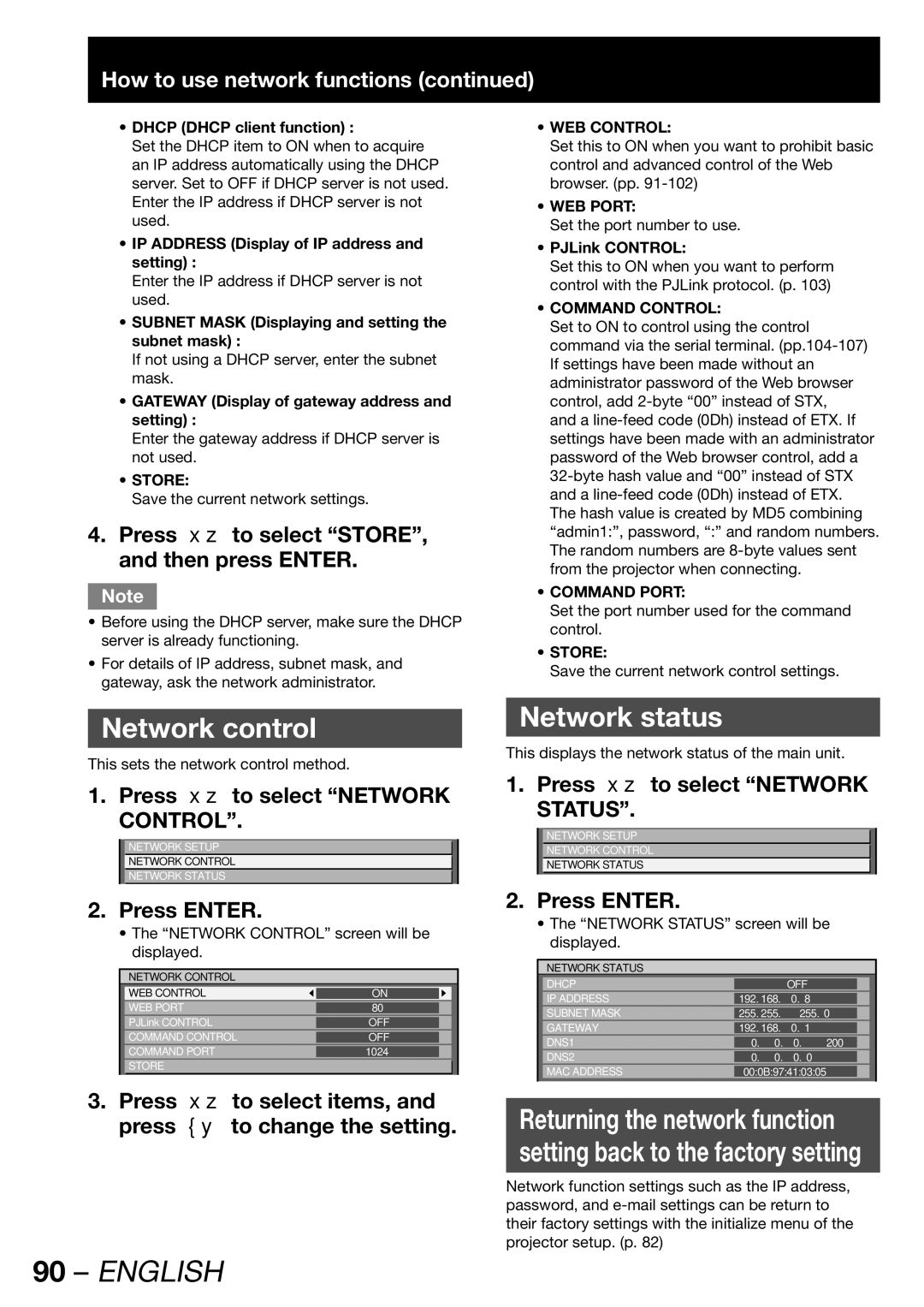 Panasonic PT-DW100U Network control, Network status, How to use network functions, Press to select Network 