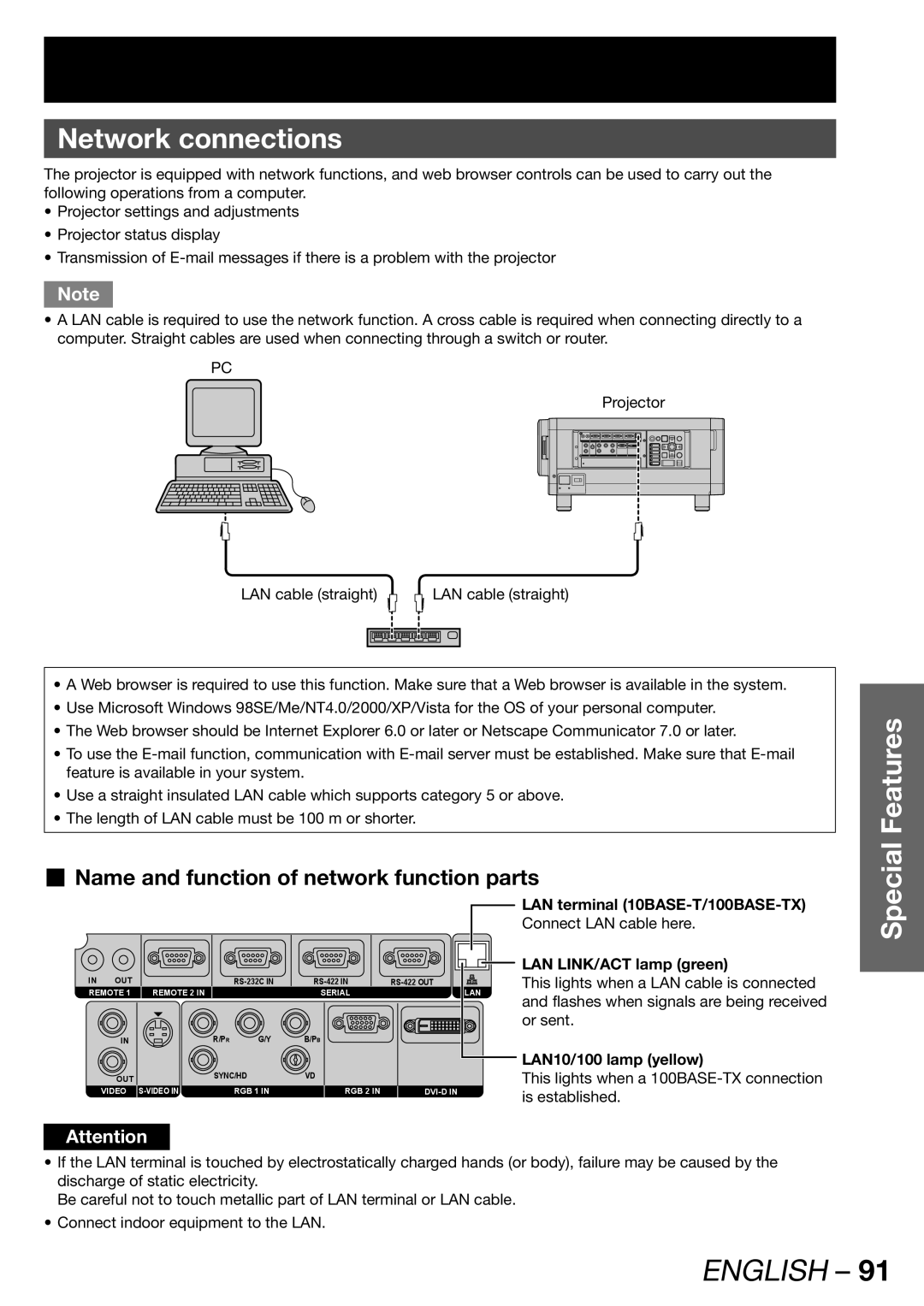 Panasonic PT-DW100U Network connections, „ Name and function of network function parts, LAN LINK/ACT lamp green 