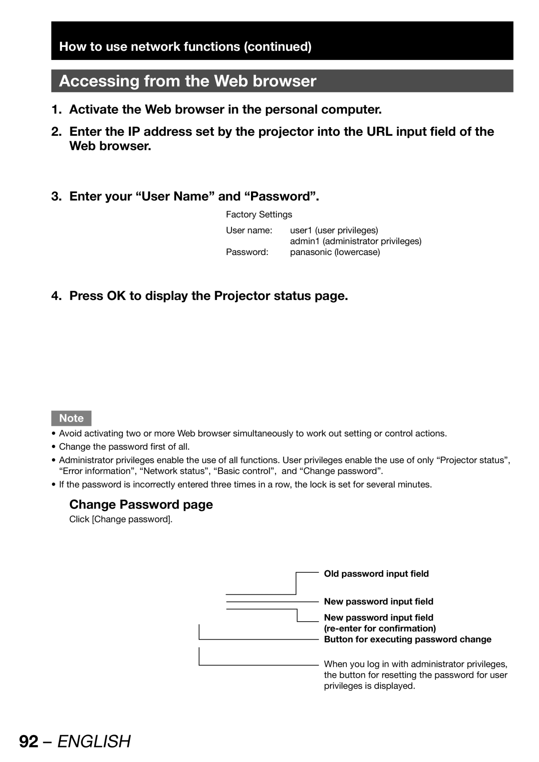 Panasonic PT-DW100U Accessing from the Web browser, Press OK to display the Projector status, „ Change Password 