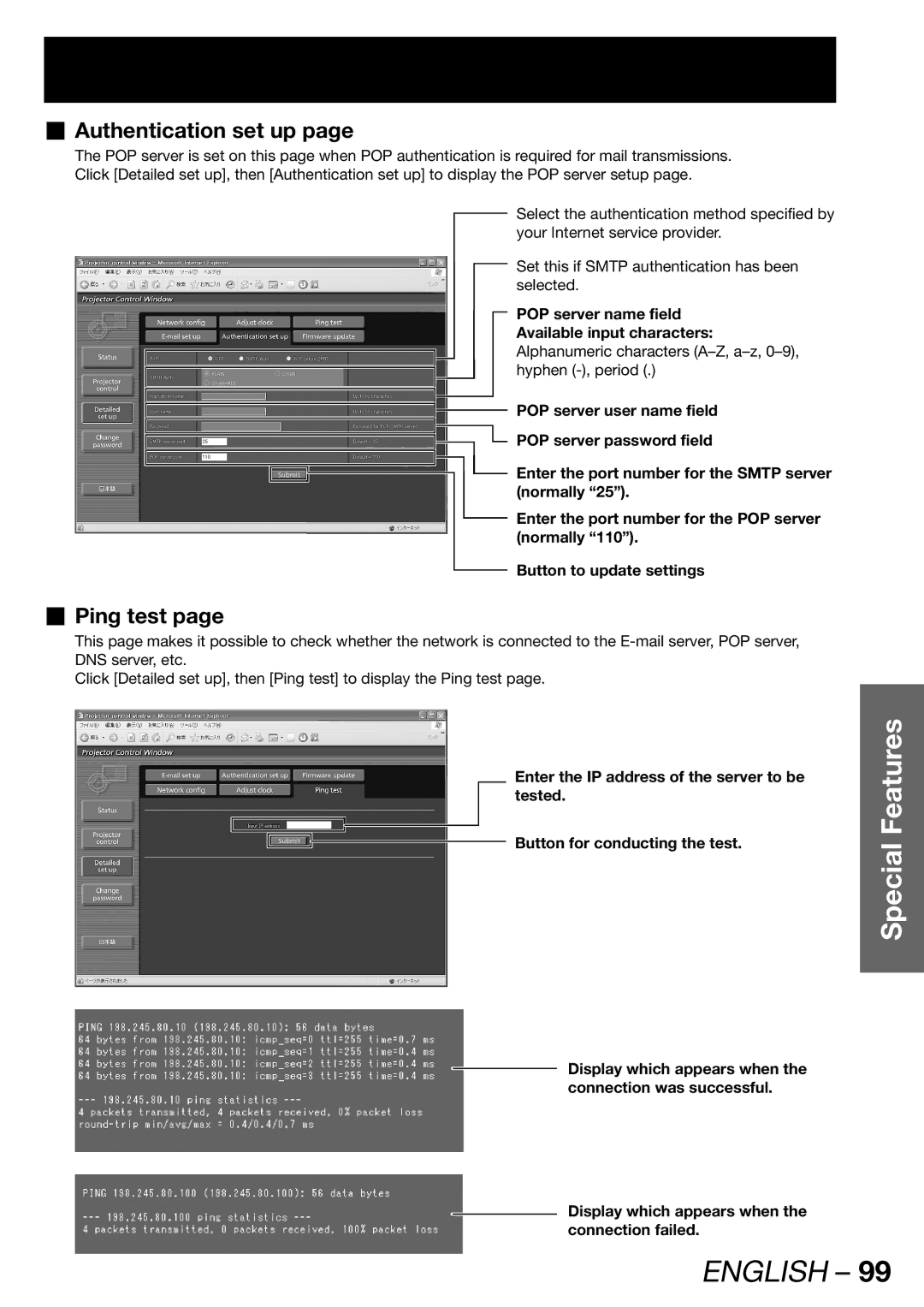 Panasonic PT-DW100U operating instructions „ Authentication set up, „ Ping test 