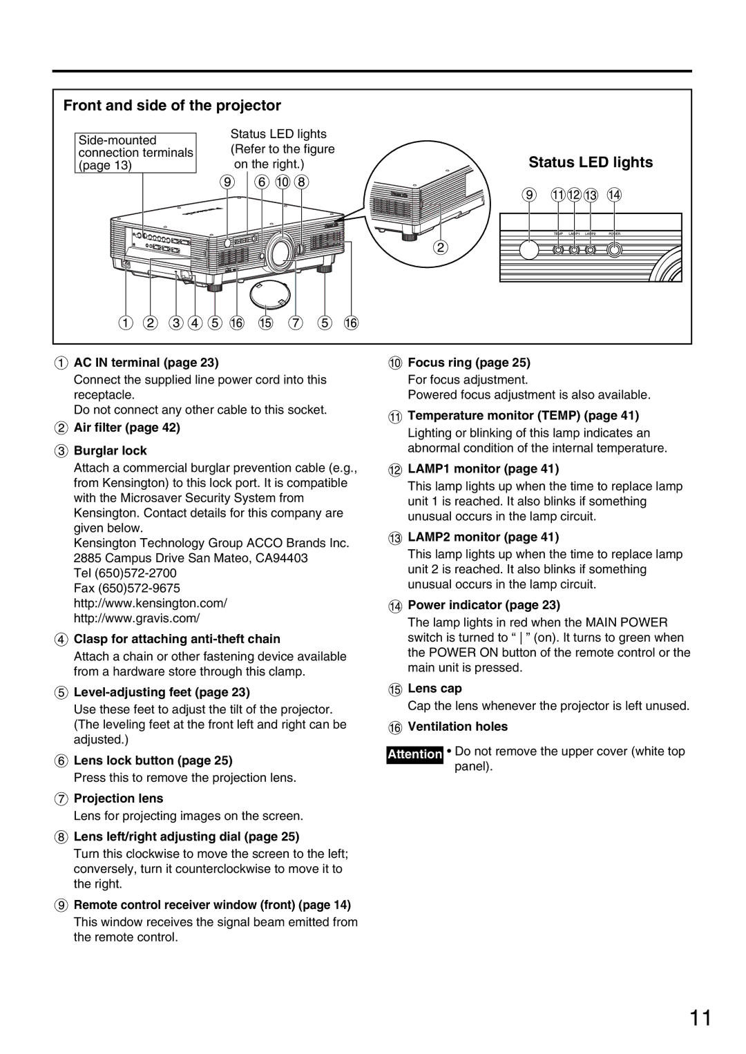 Panasonic PT-DW5000UL manual Front and side of the projector, Status LED lights 