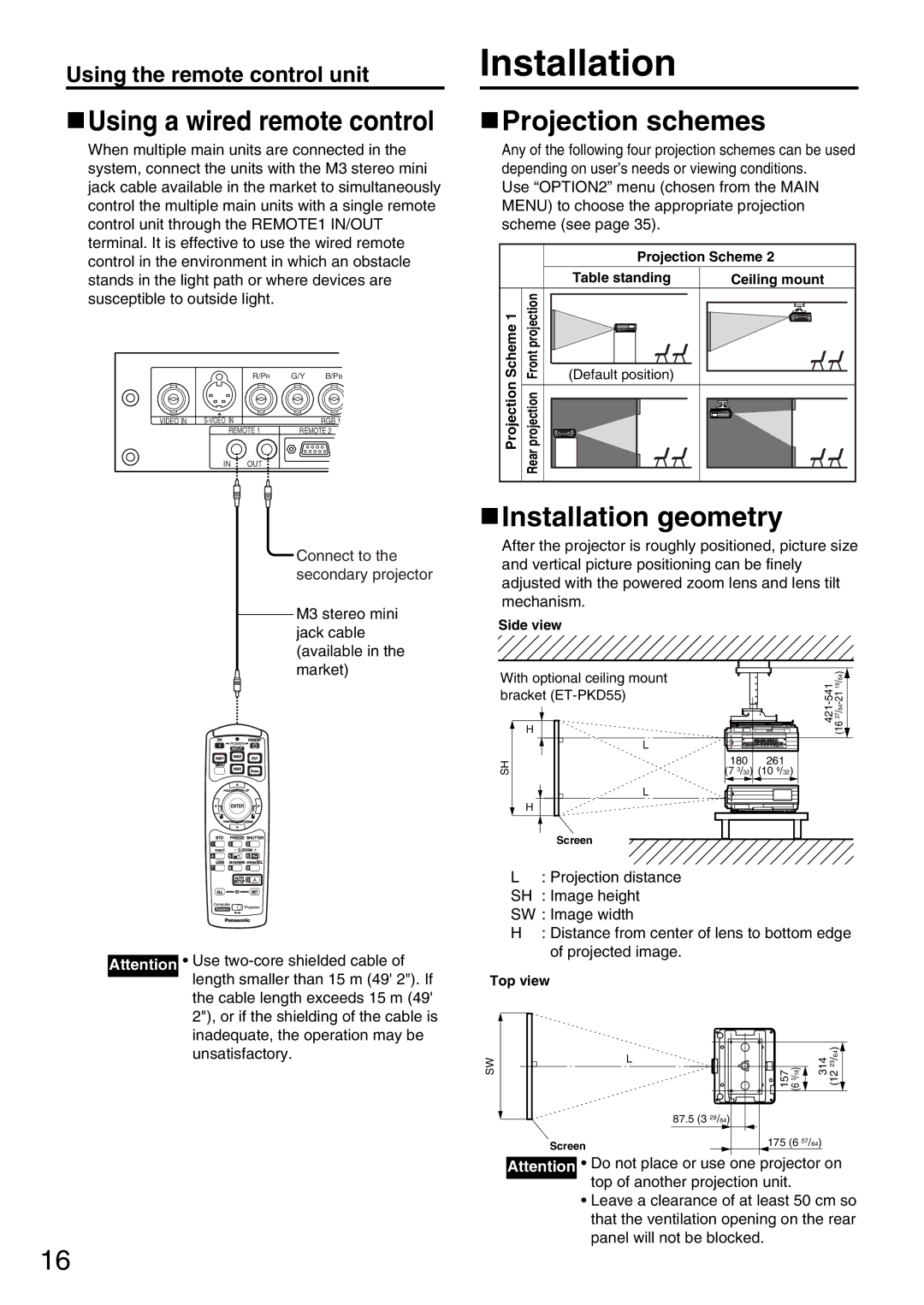 Panasonic PT-DW5000UL manual Using a wired remote control, Projection schemes, Installation geometry 