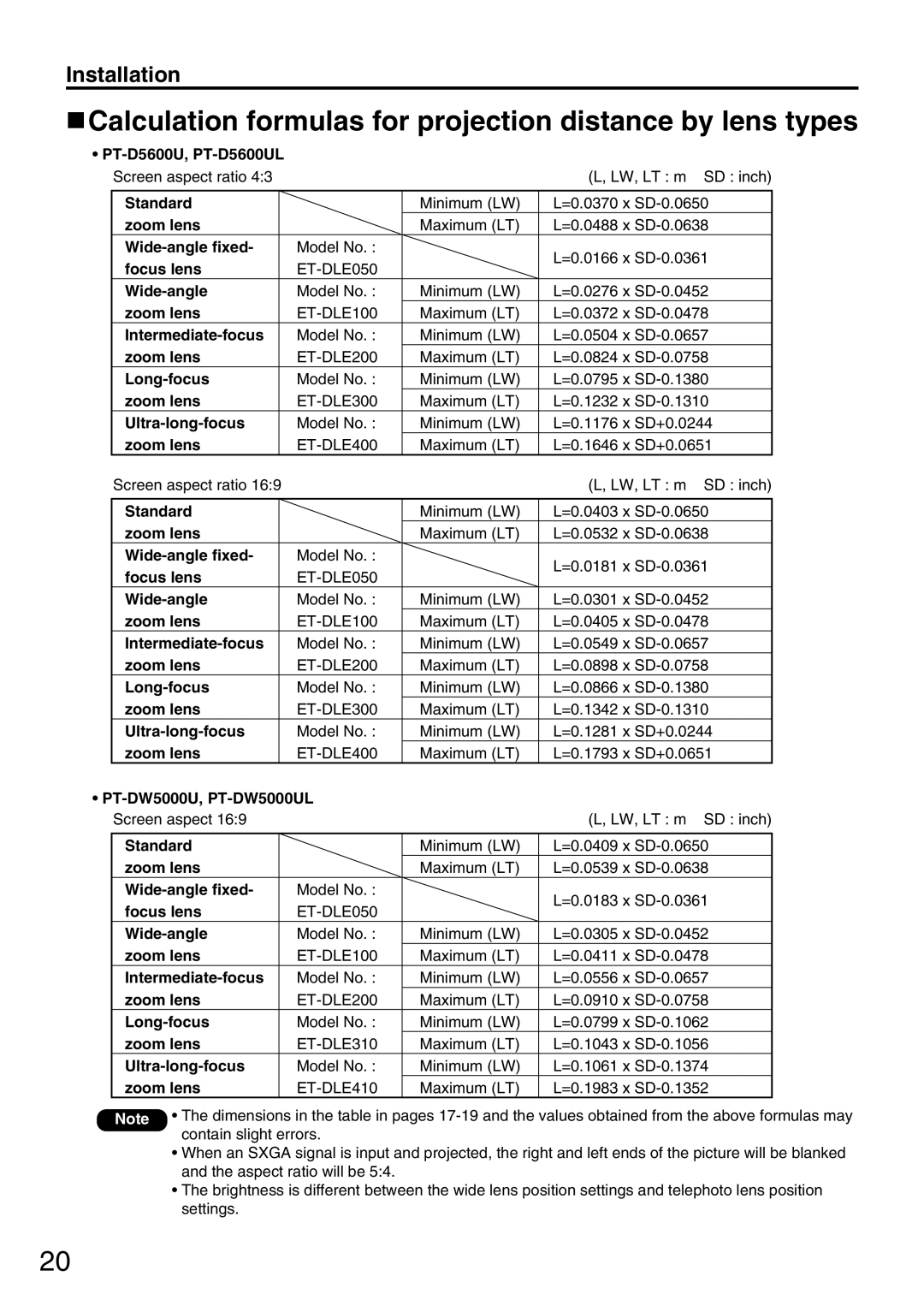 Panasonic PT-DW5000UL manual Calculation formulas for projection distance by lens types 