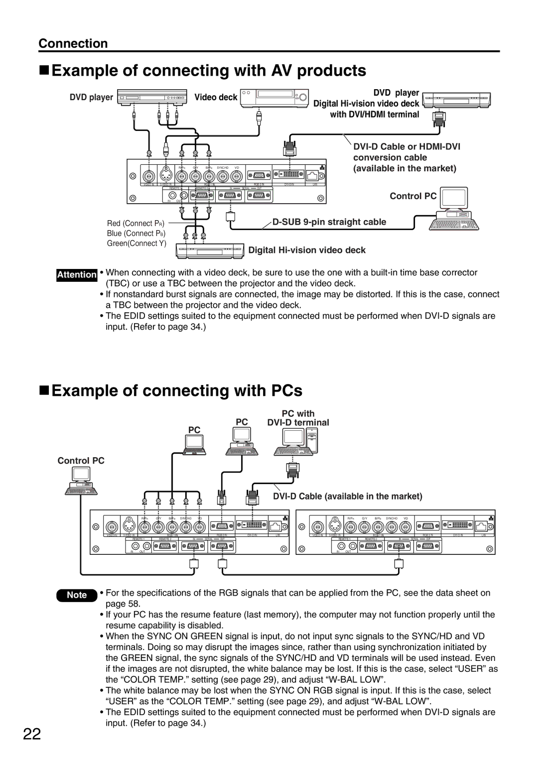 Panasonic PT-DW5000UL manual Example of connecting with AV products, Example of connecting with PCs 