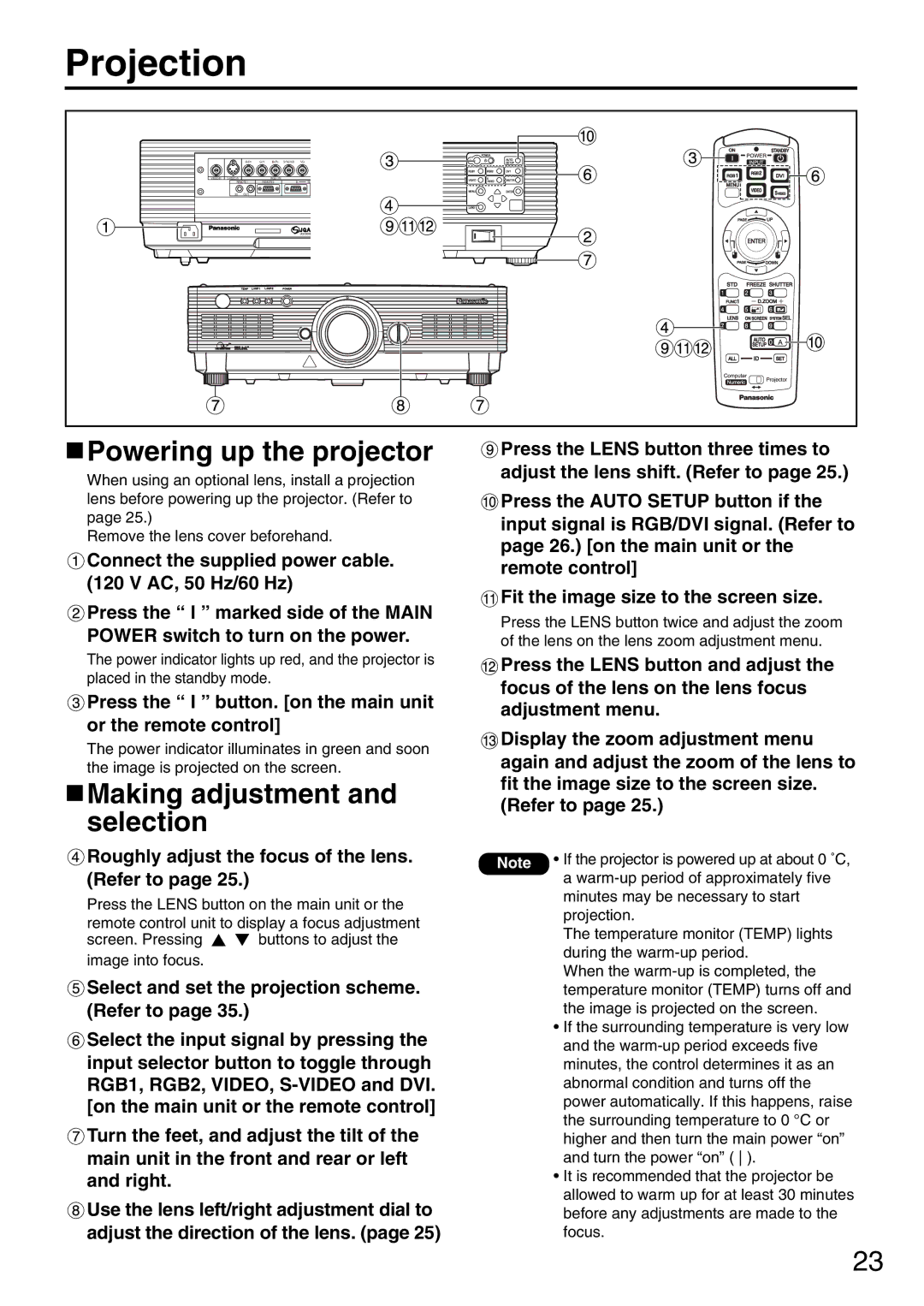 Panasonic PT-DW5000UL manual Projection, Powering up the projector, Making adjustment and selection 