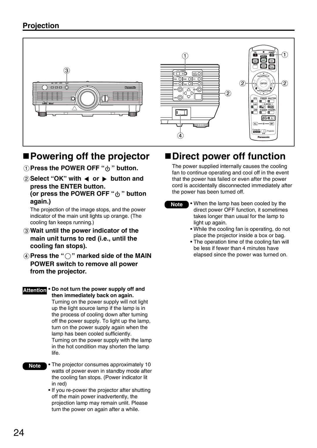 Panasonic PT-DW5000UL manual Powering off the projector, Direct power off function 