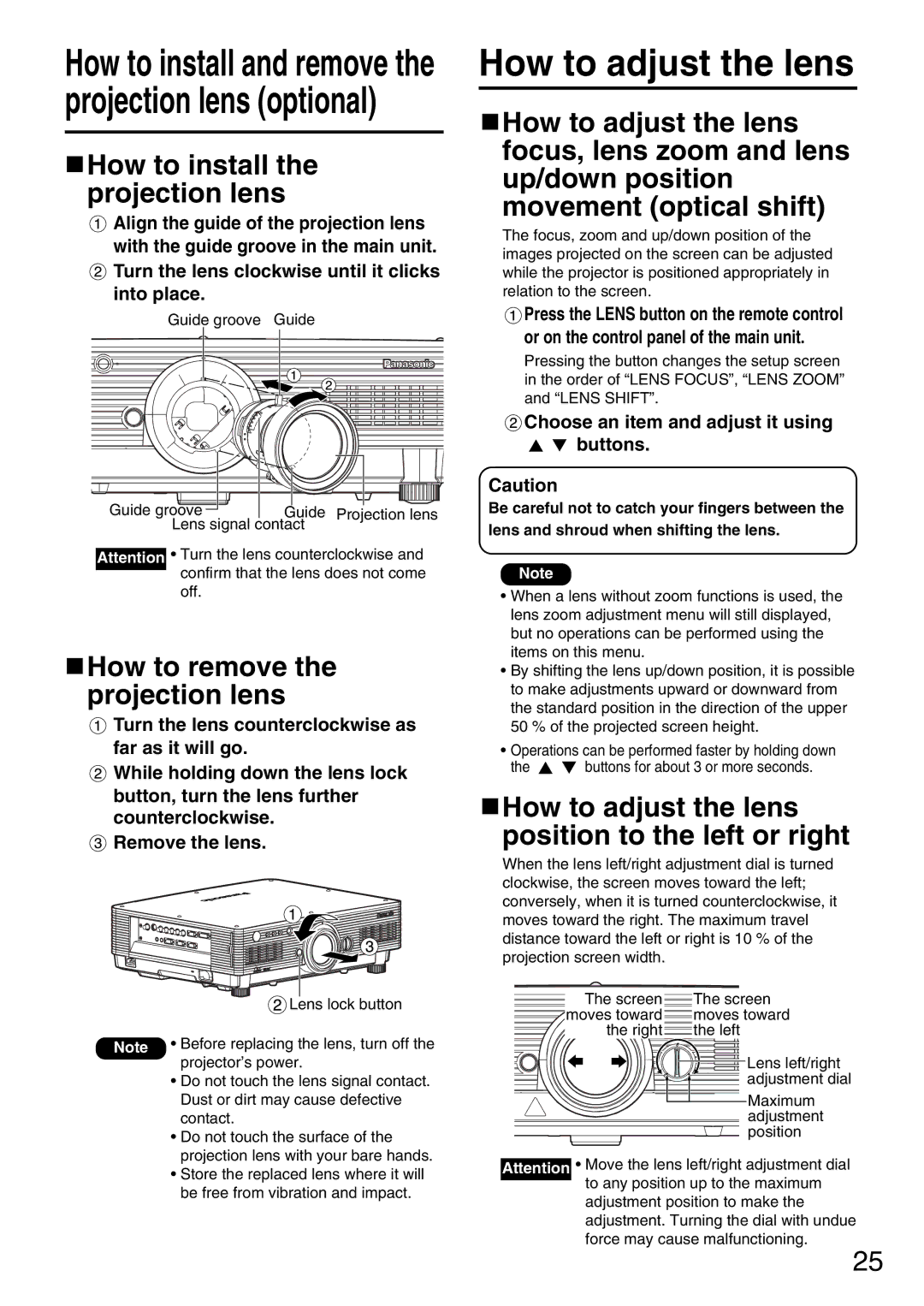 Panasonic PT-DW5000UL manual How to adjust the lens, How to remove the projection lens 