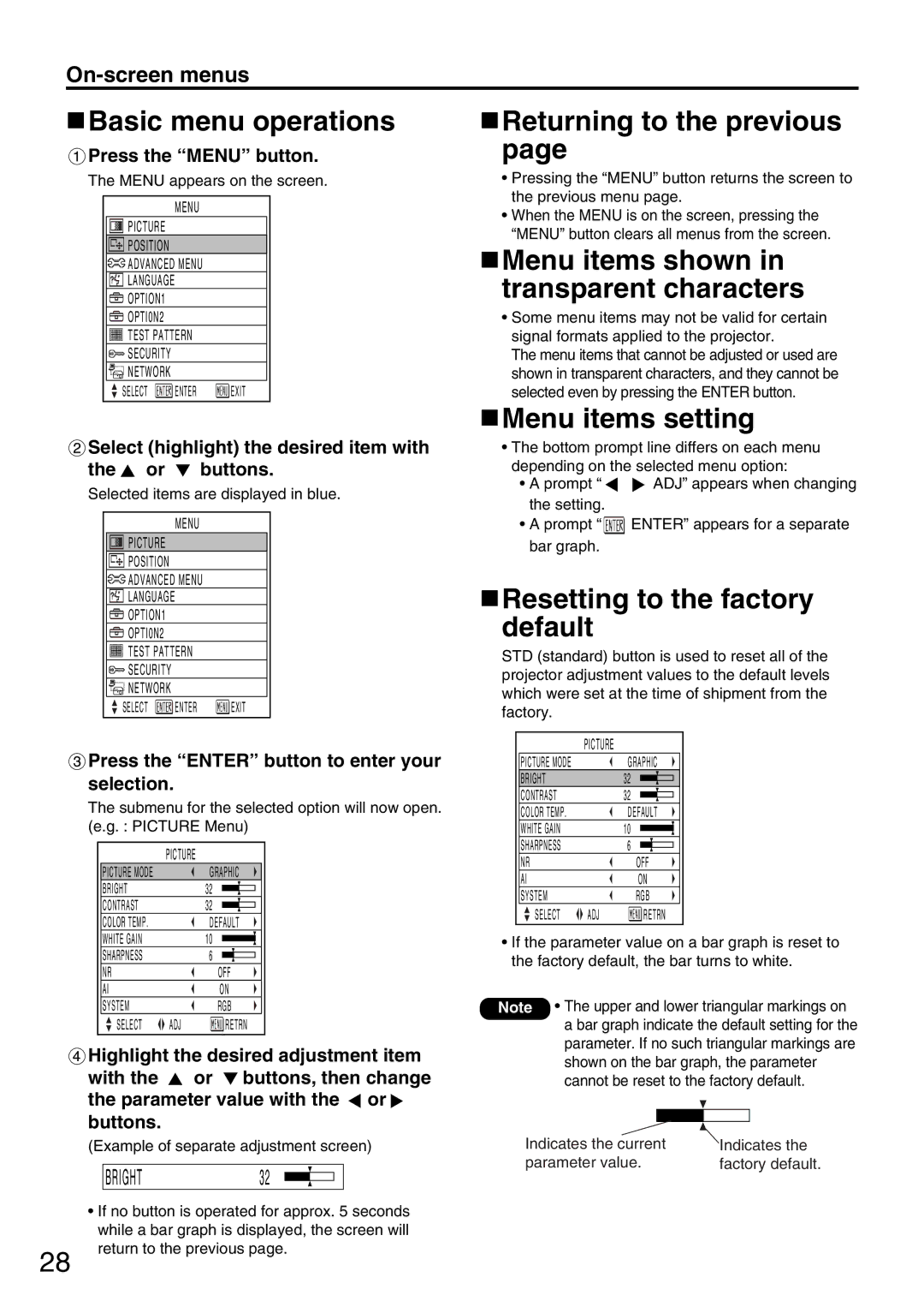 Panasonic PT-DW5000UL manual Basic menu operations, Returning to the previous, Menu items shown in transparent characters 