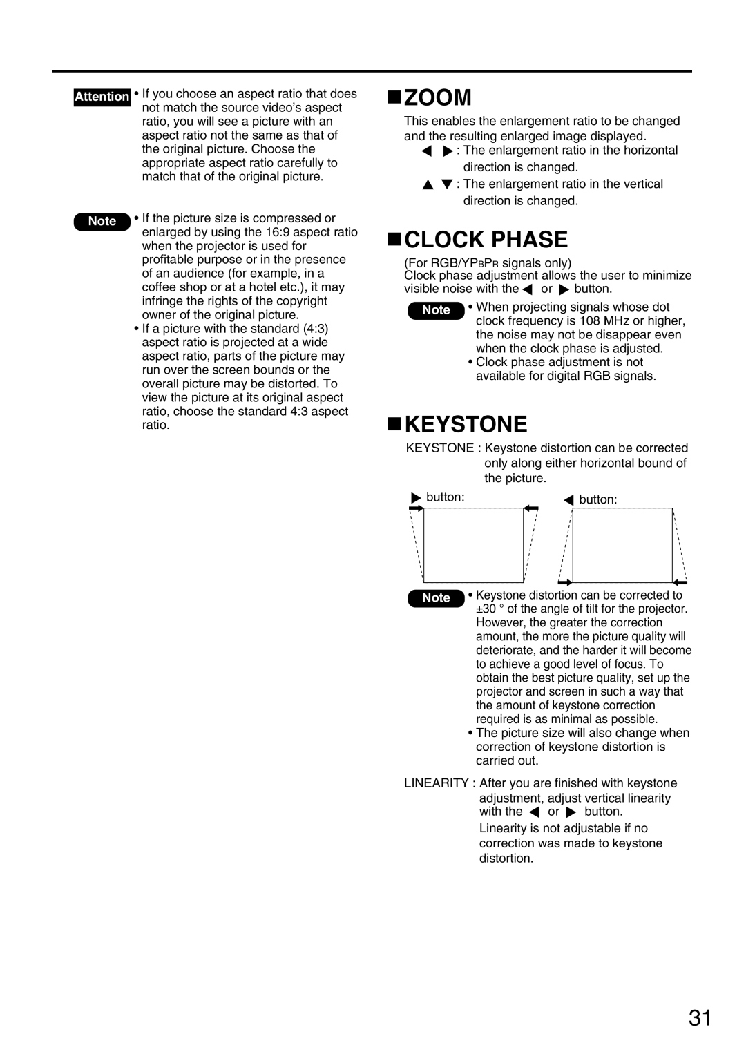 Panasonic PT-DW5000UL manual Zoom, Clock Phase, Keystone 