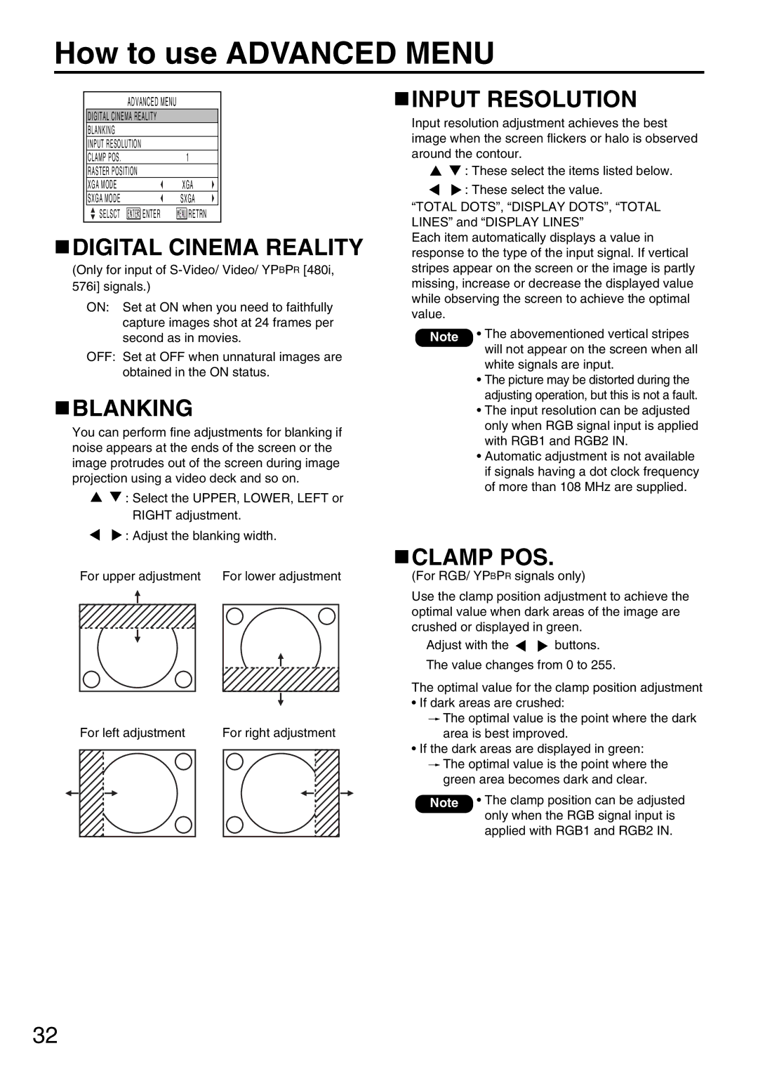 Panasonic PT-DW5000UL manual How to use Advanced Menu, Digital Cinema Reality, Blanking, Input Resolution, Clamp POS 