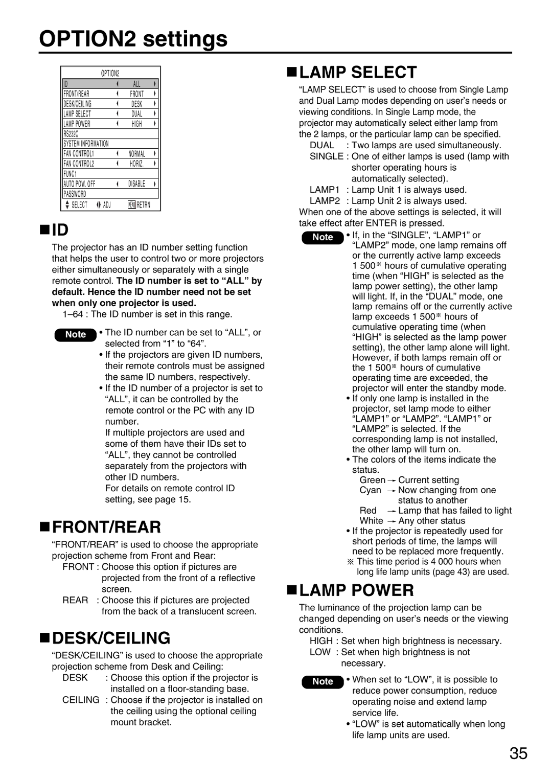 Panasonic PT-DW5000UL manual OPTION2 settings, Front/Rear, Desk/Ceiling, Lamp Select, Lamp Power 