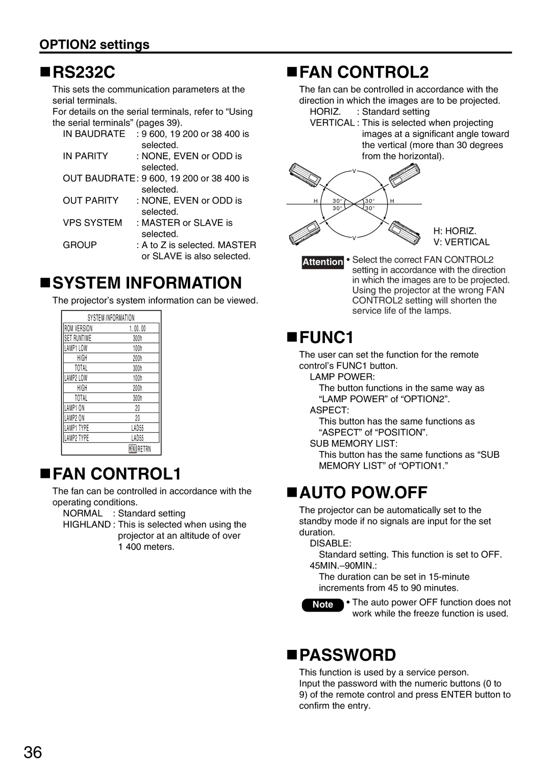 Panasonic PT-DW5000UL manual FAN CONTROL2, System Information, FAN CONTROL1, FUNC1, Auto POW.OFF, Password 