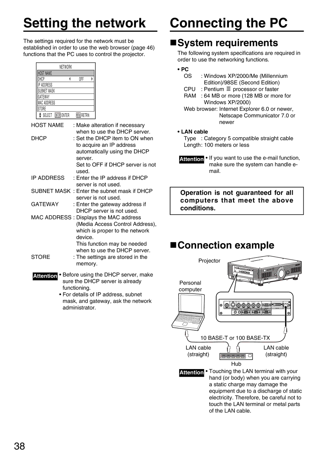 Panasonic PT-DW5000UL manual Setting the network, Connecting the PC, System requirements, Connection example, LAN cable 