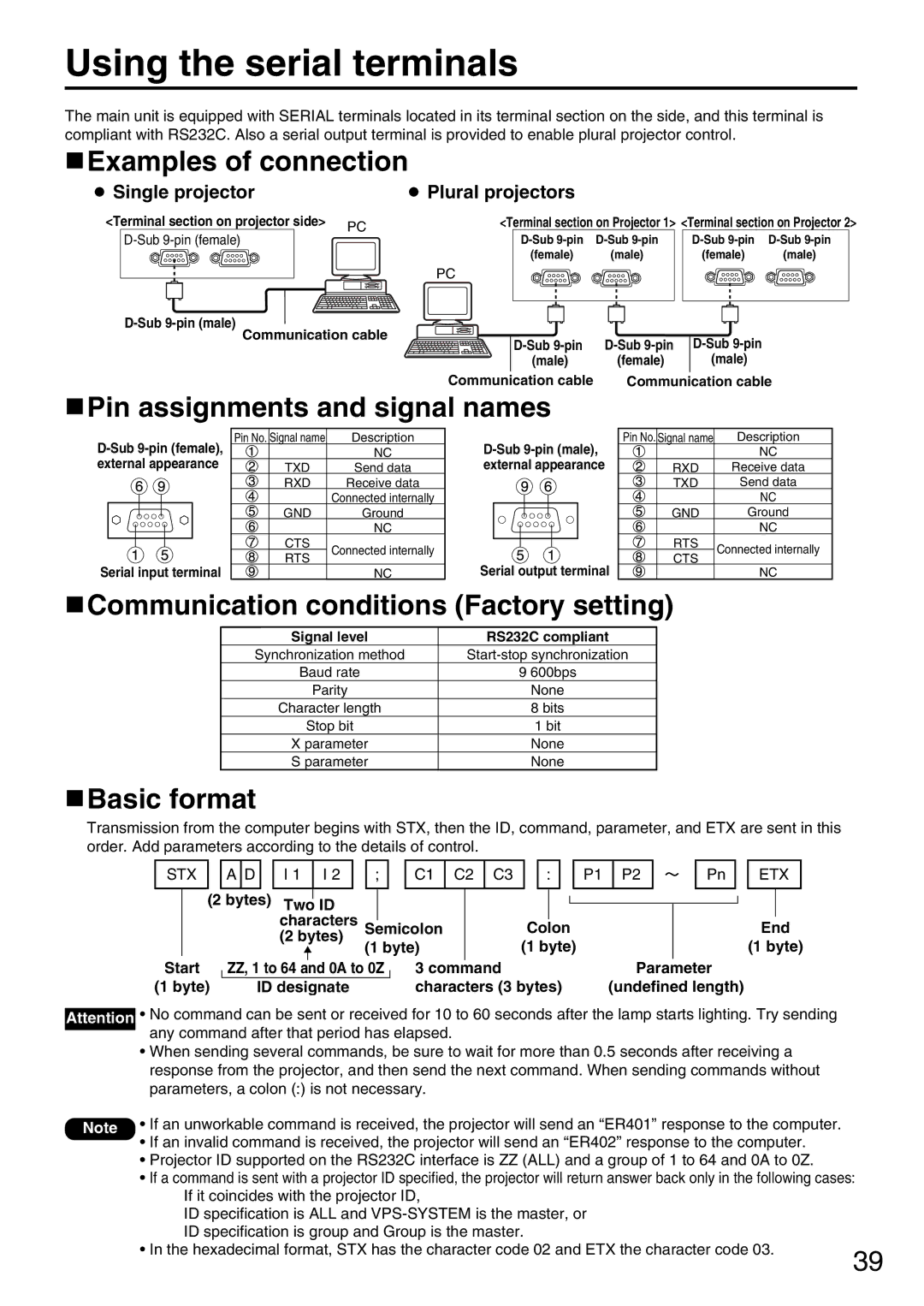 Panasonic PT-DW5000UL Using the serial terminals, Examples of connection, Pin assignments and signal names, Basic format 