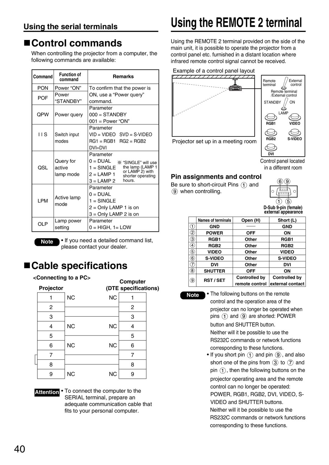 Panasonic PT-DW5000UL manual Control commands, Cable specifications, Pin assignments and control 