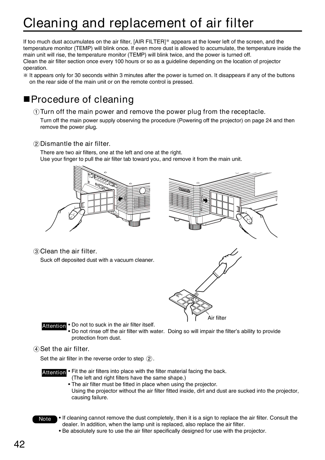 Panasonic PT-DW5000UL manual Cleaning and replacement of air filter, Procedure of cleaning, Dismantle the air filter 