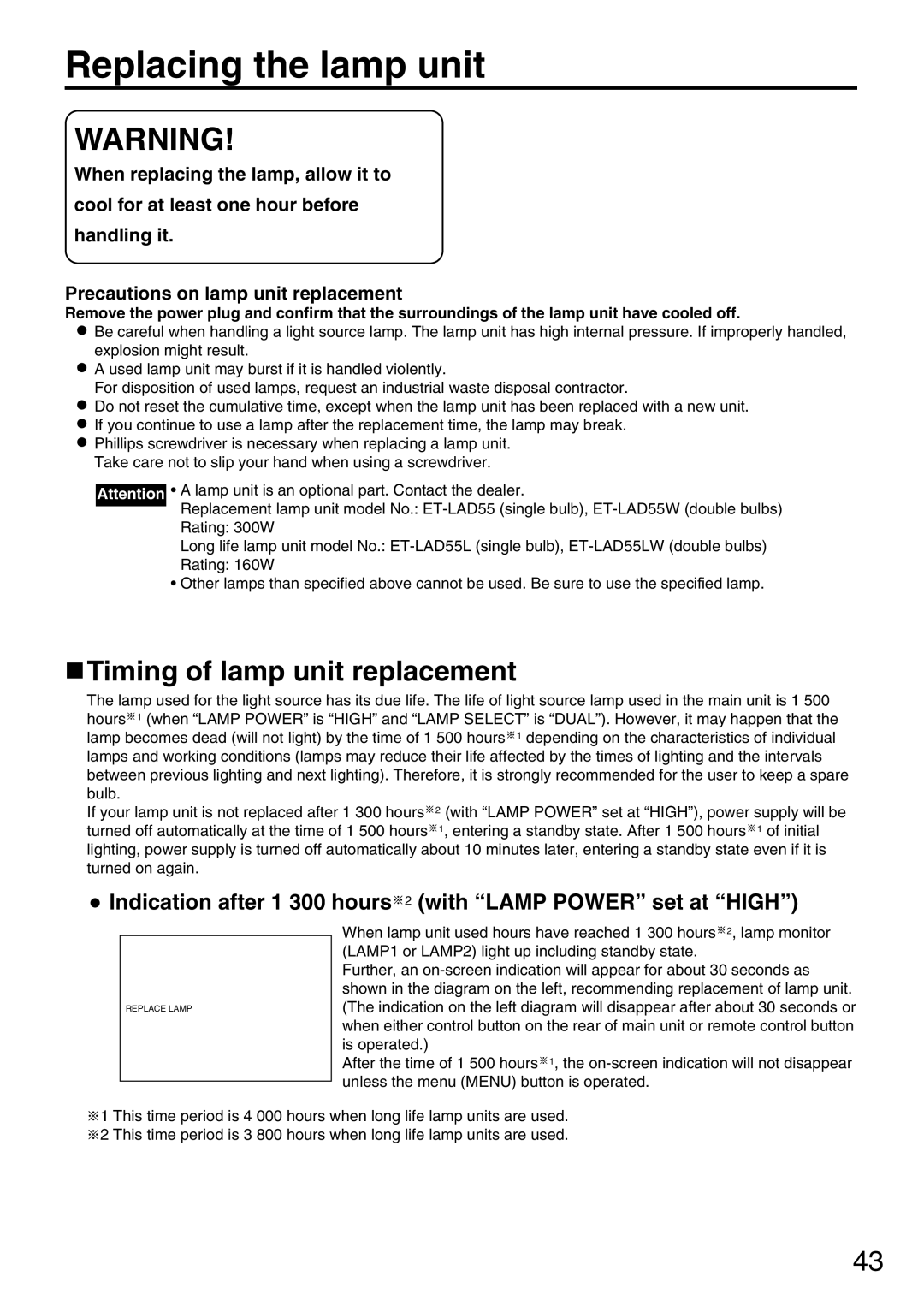 Panasonic PT-DW5000UL manual Replacing the lamp unit, Timing of lamp unit replacement 