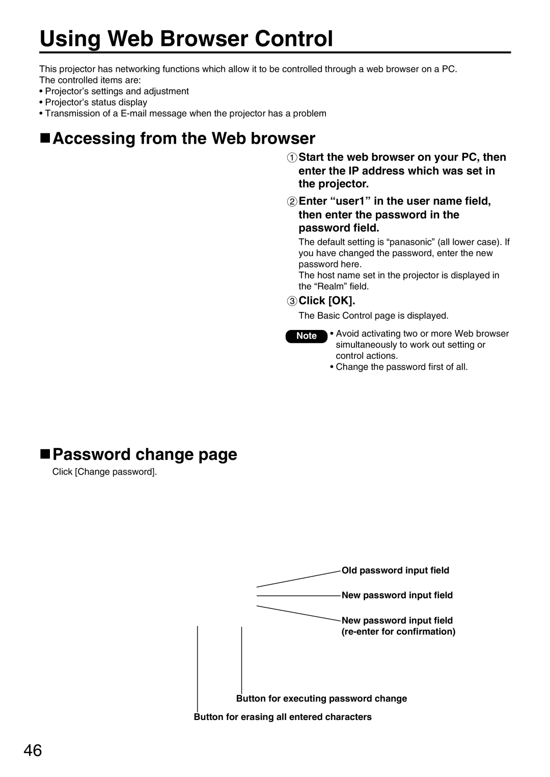 Panasonic PT-DW5000UL manual Using Web Browser Control, Accessing from the Web browser, Password change, Click OK 