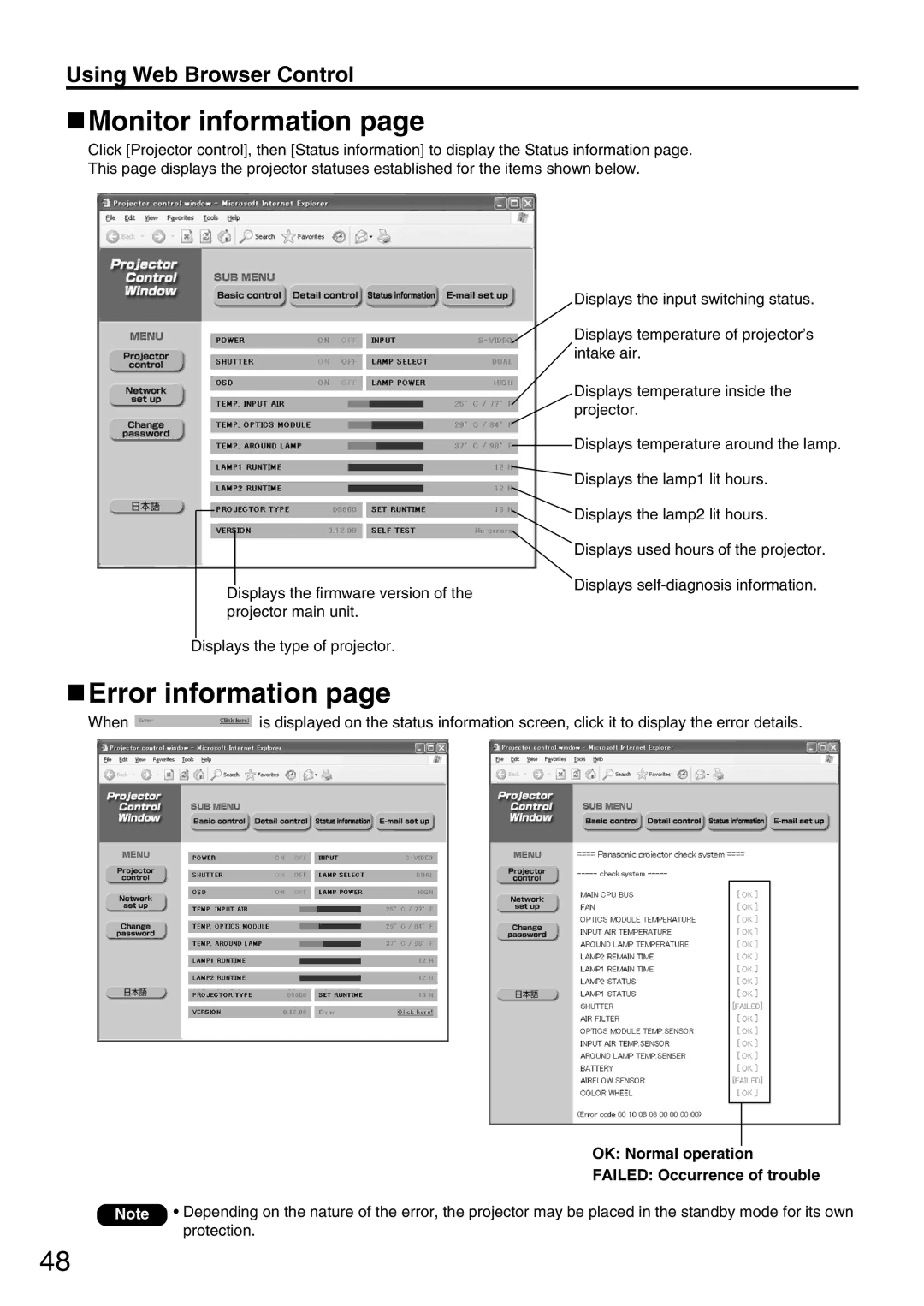 Panasonic PT-DW5000UL manual Monitor information, Error information, OK Normal operation Failed Occurrence of trouble 