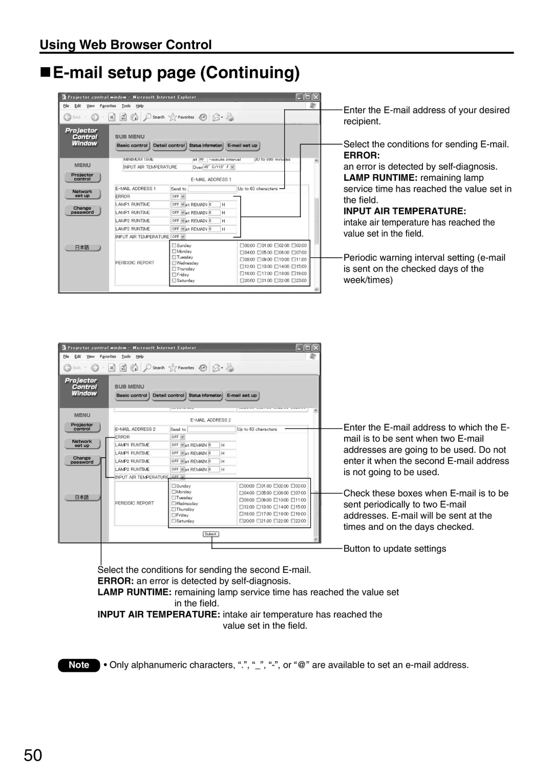 Panasonic PT-DW5000UL manual Mail setup page Continuing, Error 