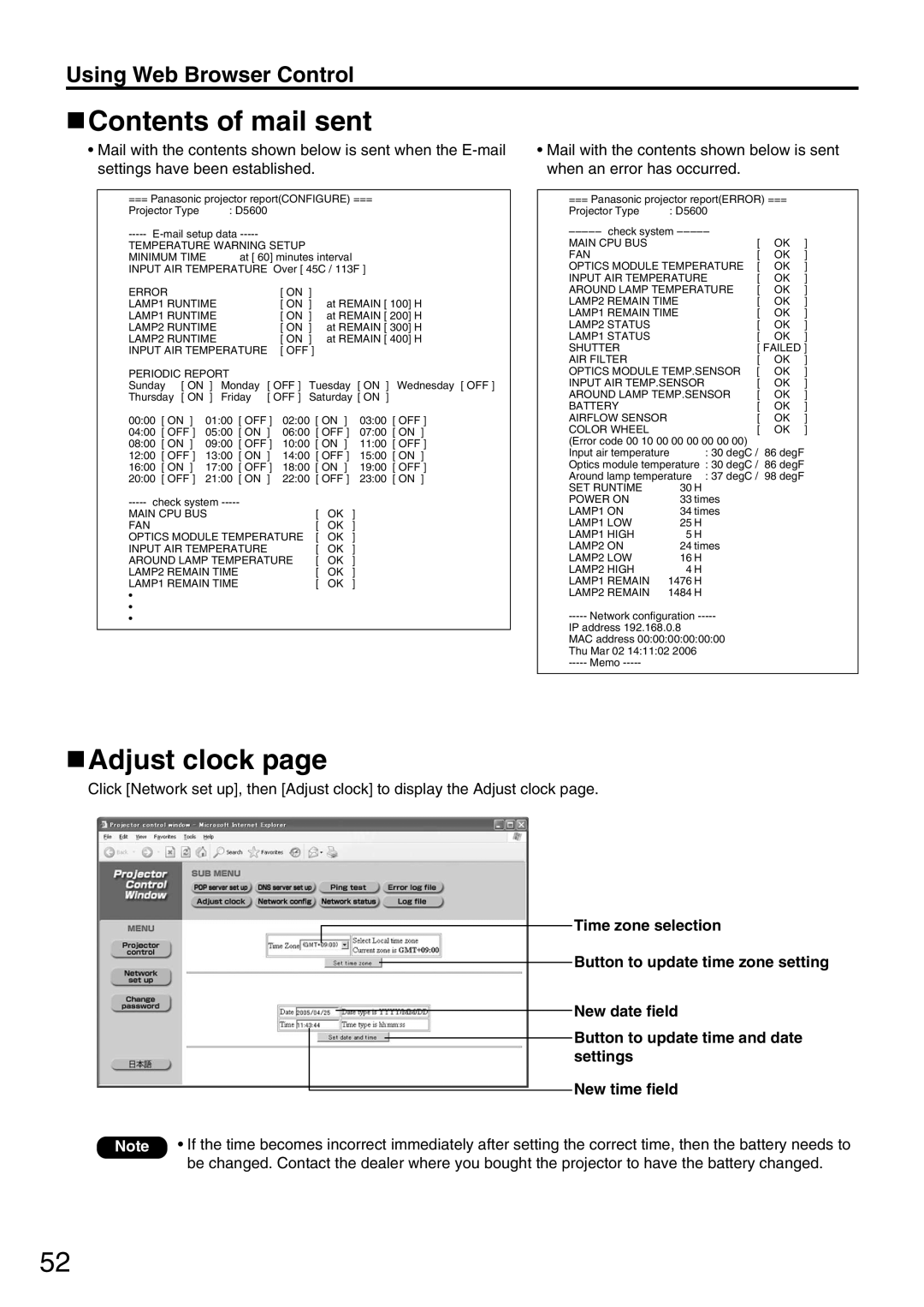 Panasonic PT-DW5000UL manual Contents of mail sent, Adjust clock 