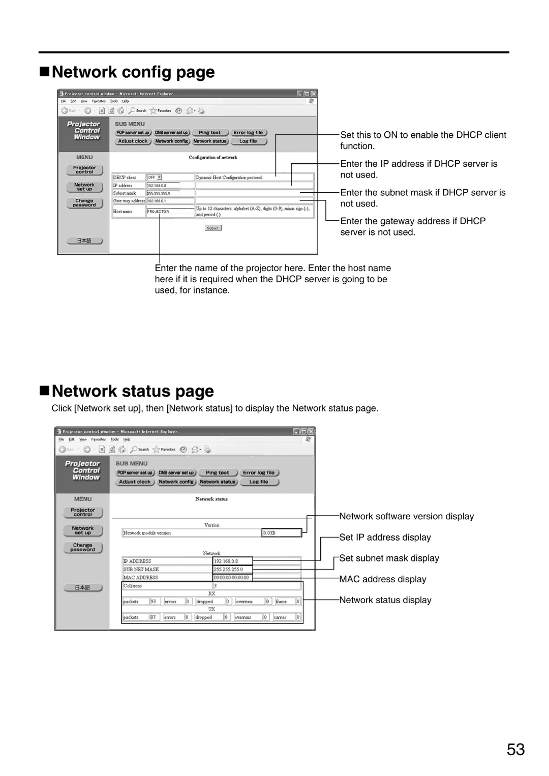 Panasonic PT-DW5000UL manual Network config, Network status 