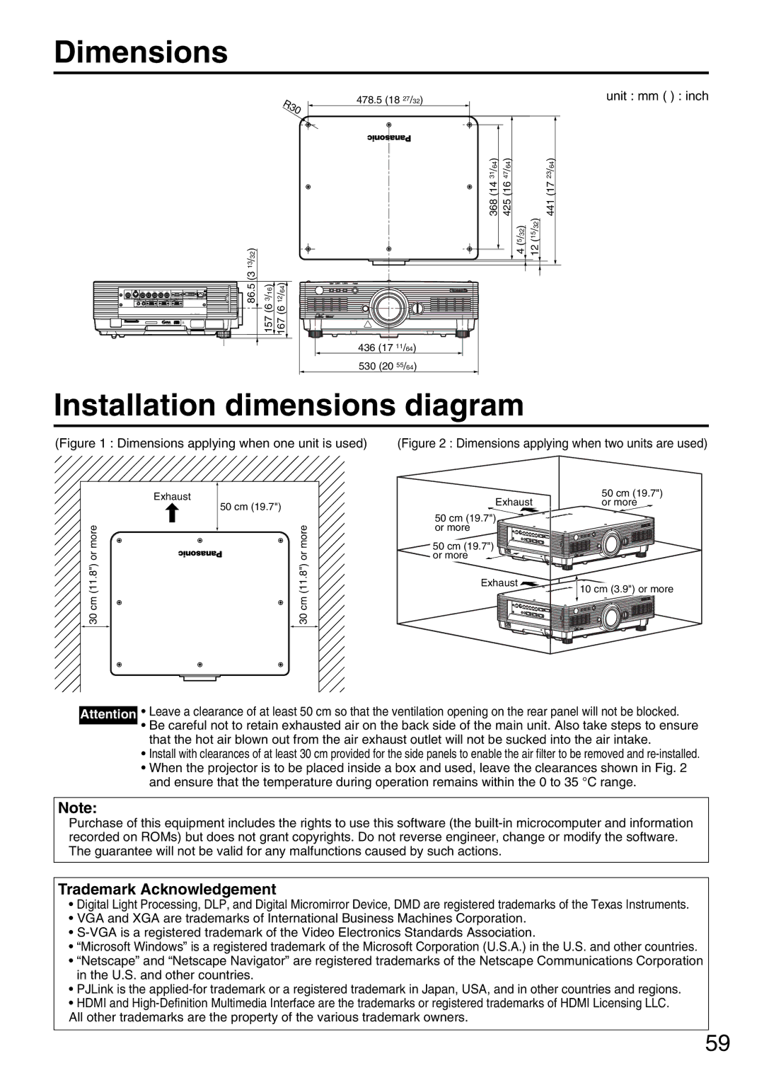 Panasonic PT-DW5000UL manual Dimensions, Installation dimensions diagram, Trademark Acknowledgement 