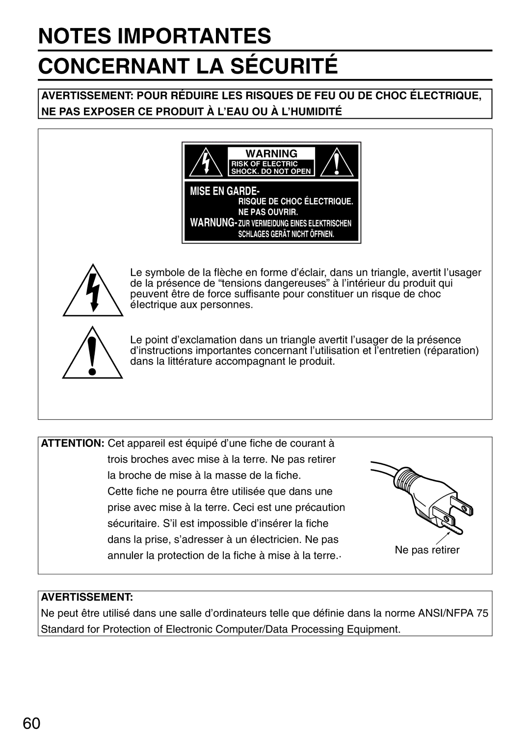 Panasonic PT-DW5000UL manual Concernant LA Sécurité 