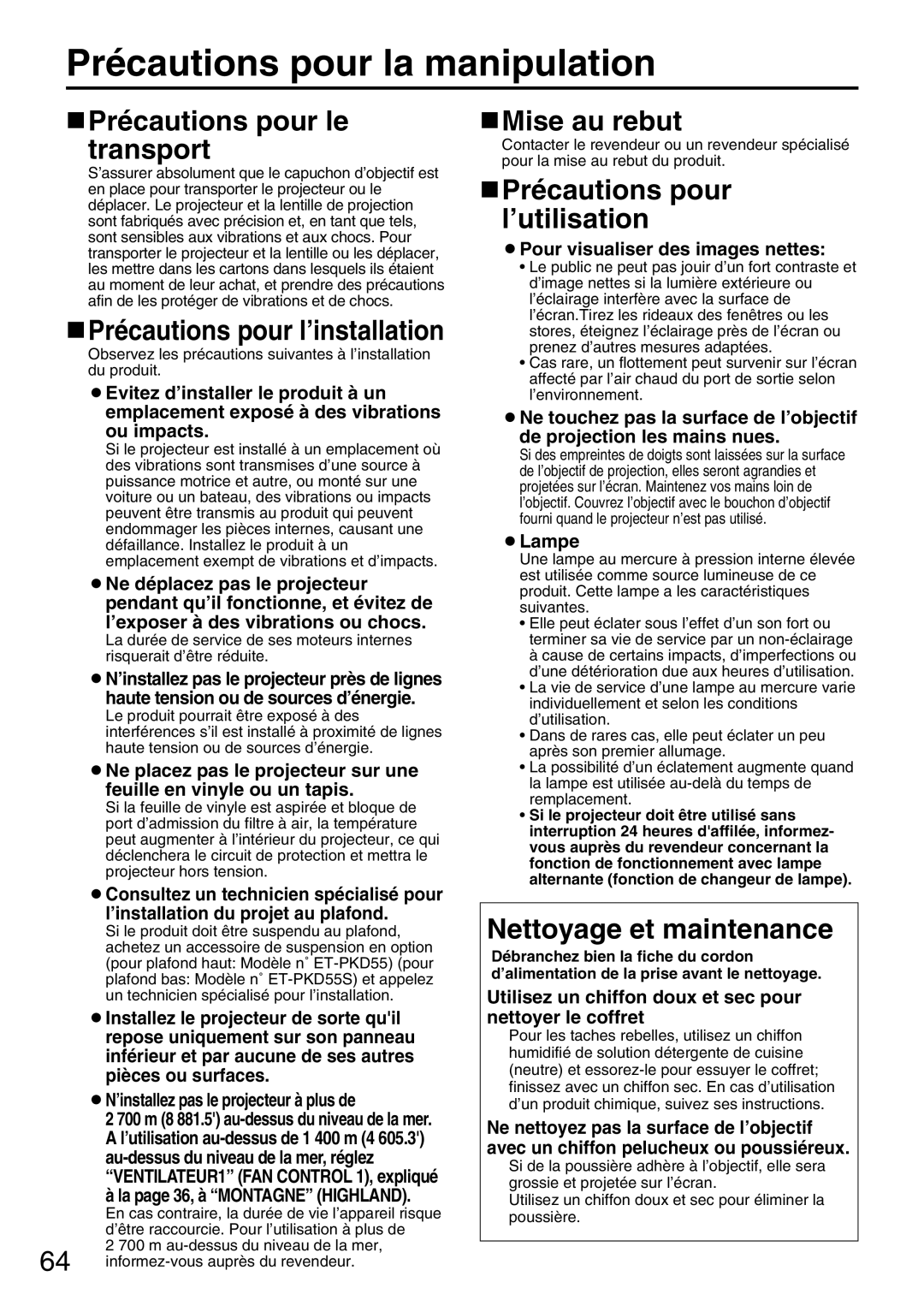 Panasonic PT-DW5000UL manual Précautions pour la manipulation, Précautions pour le transport, Mise au rebut 