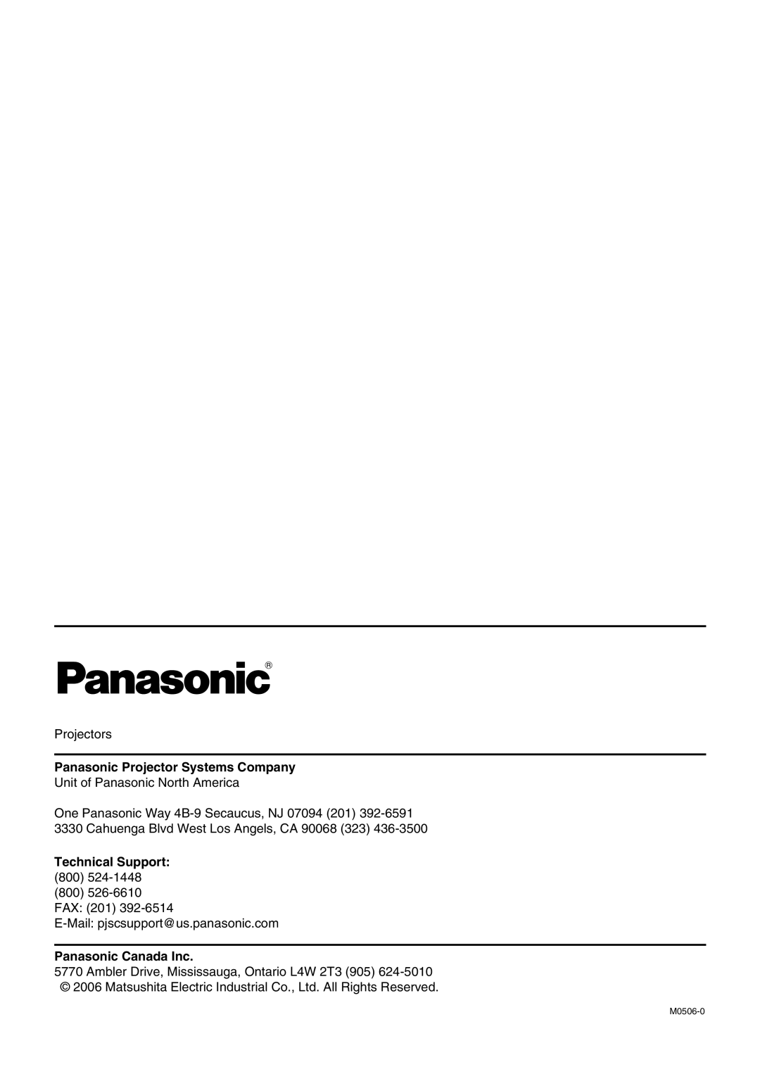 Panasonic PT-DW5000UL manual Panasonic Projector Systems Company, Technical Support, Panasonic Canada Inc 