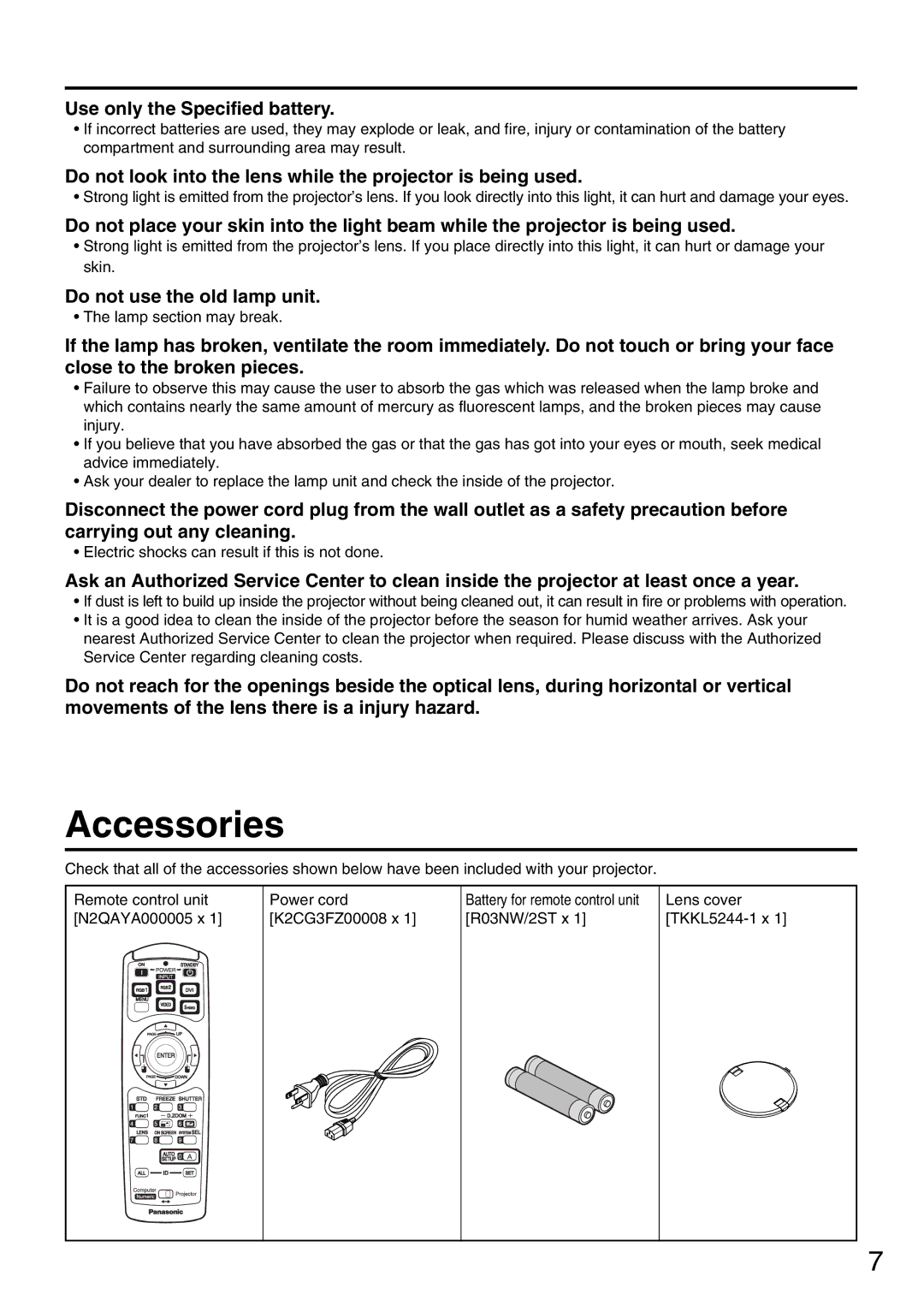 Panasonic PT-DW5000UL manual Accessories, Use only the Specified battery, Do not use the old lamp unit 