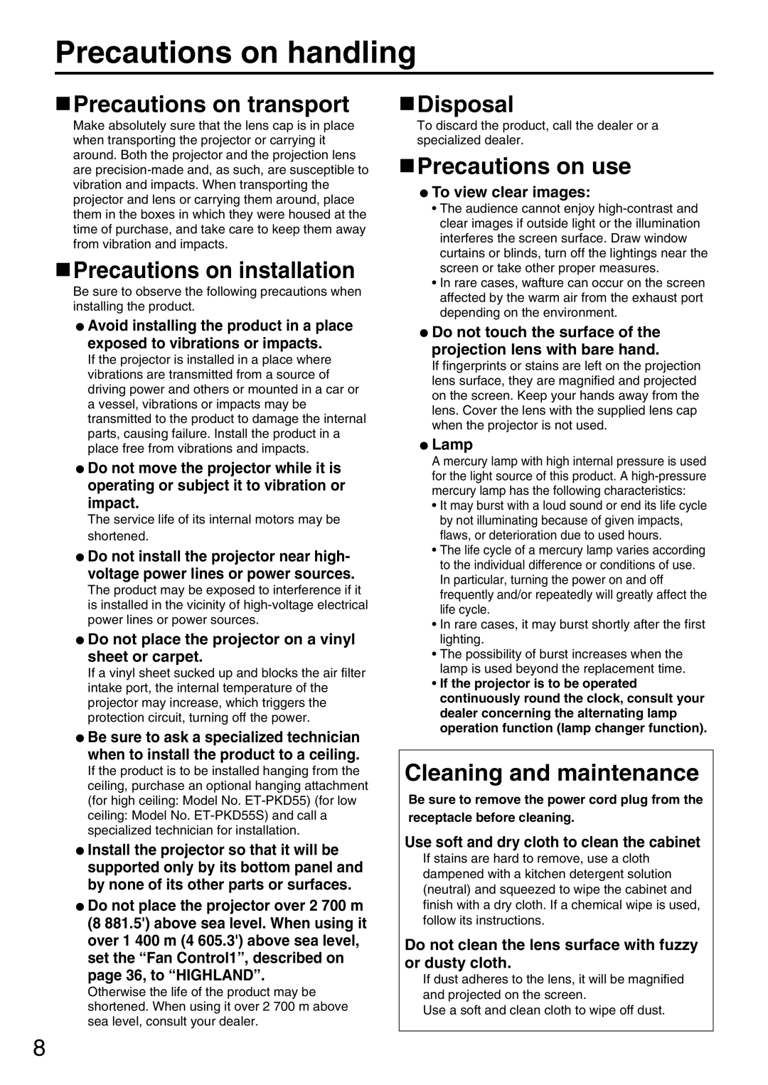 Panasonic PT-DW5000UL manual Precautions on handling 