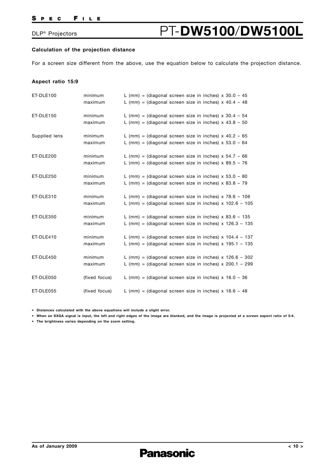 Panasonic PT-DW5100L specifications Calculation of the projection distance, Aspect ratio 