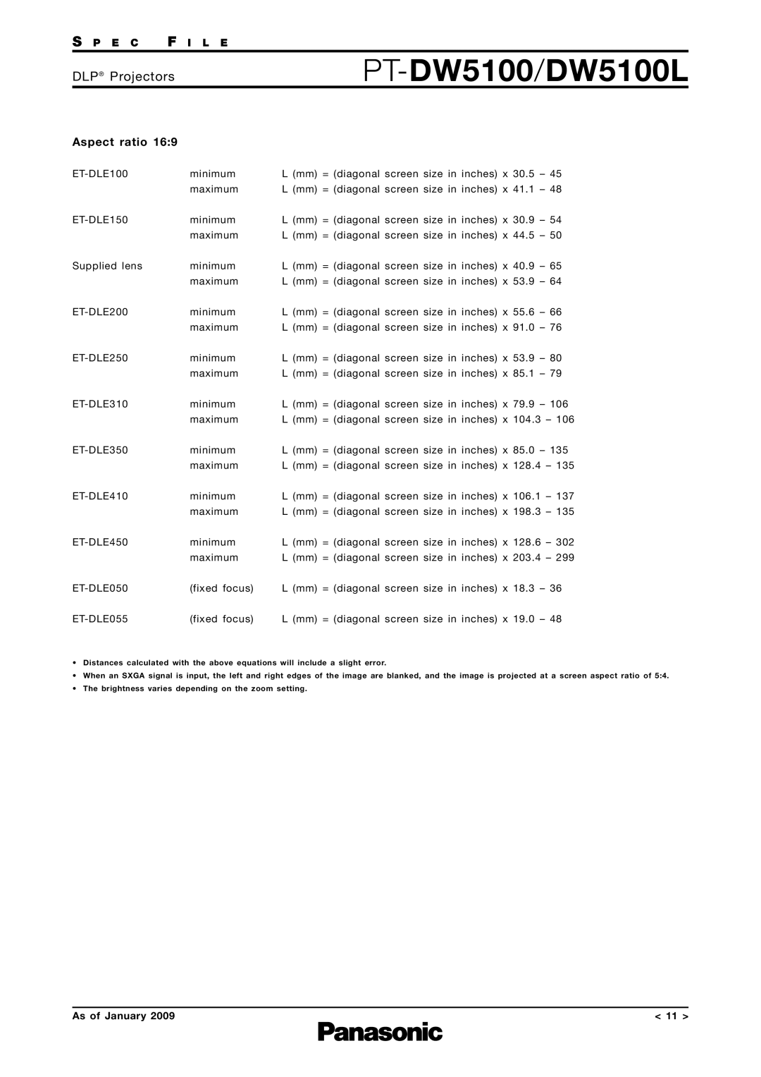 Panasonic PT-DW5100L specifications Fixed focus Mm = diagonal screen size in inches x 18.3 