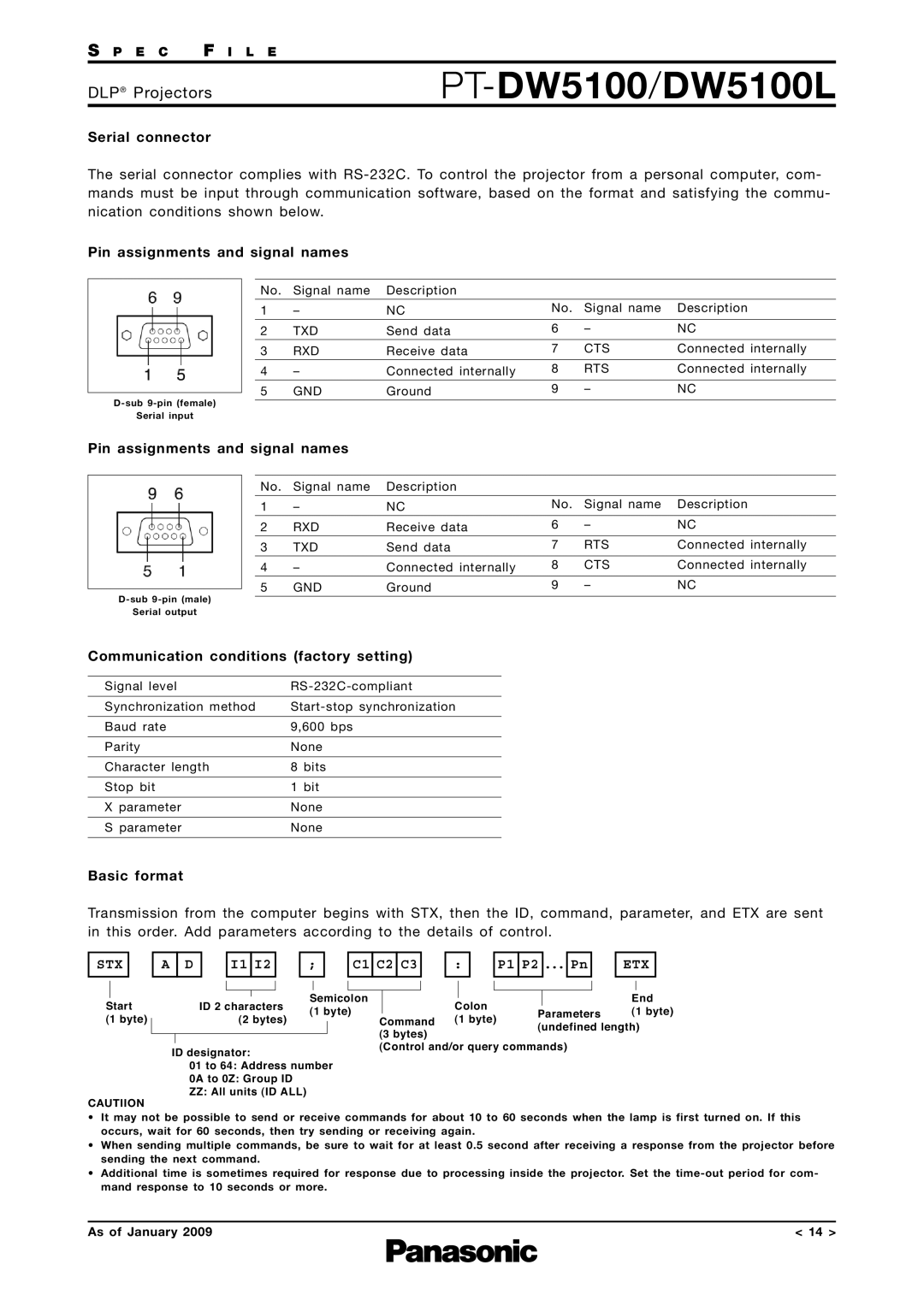 Panasonic PT-DW5100 Serial connector, Pin assignments and signal names, Communication conditions factory setting 