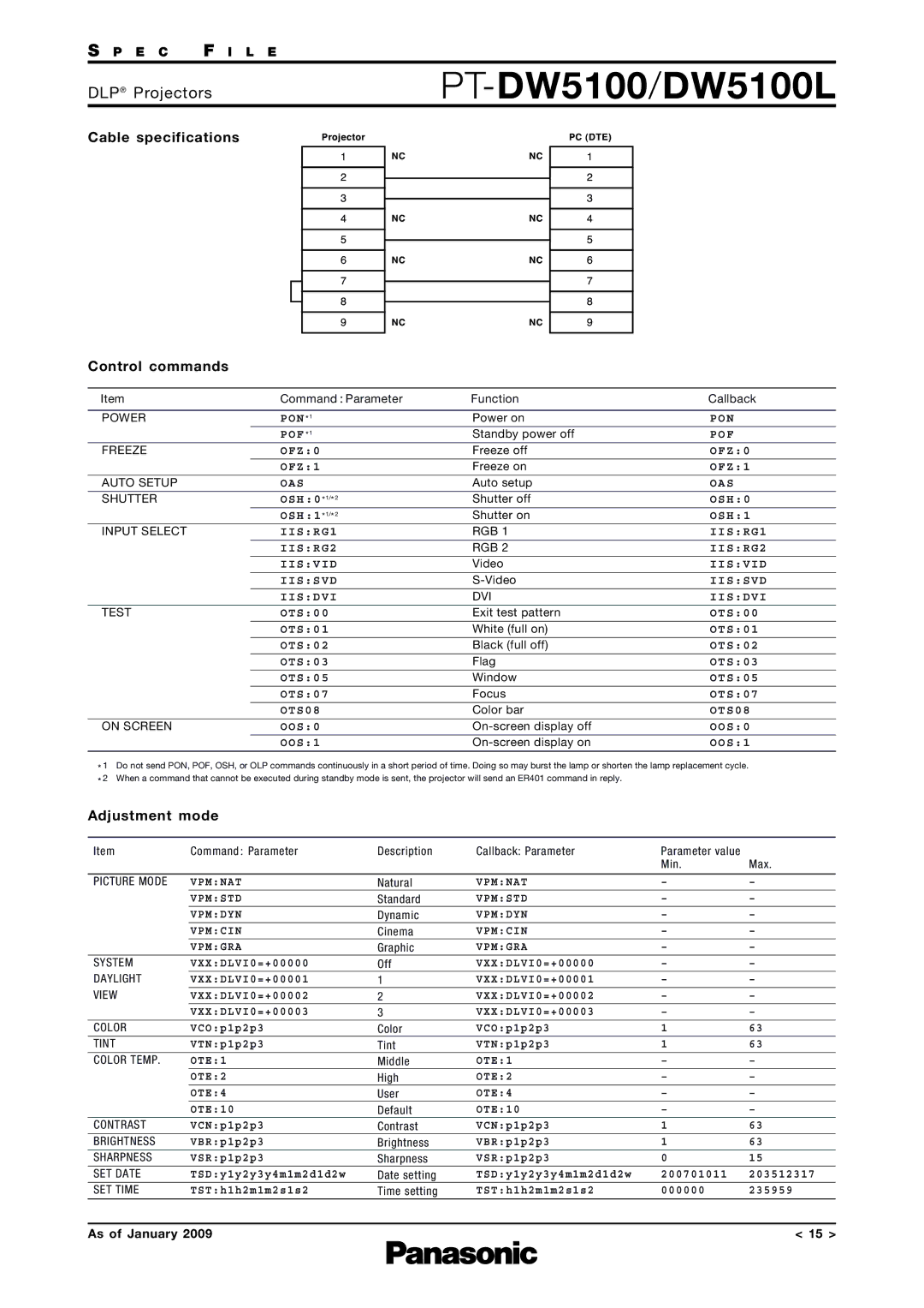 Panasonic PT-DW5100L Cable specifications, Control commands, Adjustment mode 