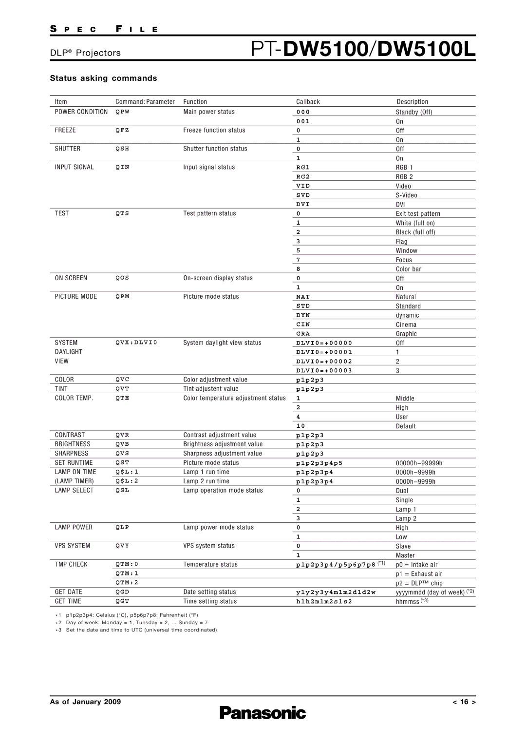 Panasonic PT-DW5100L specifications Status asking commands, Qts 