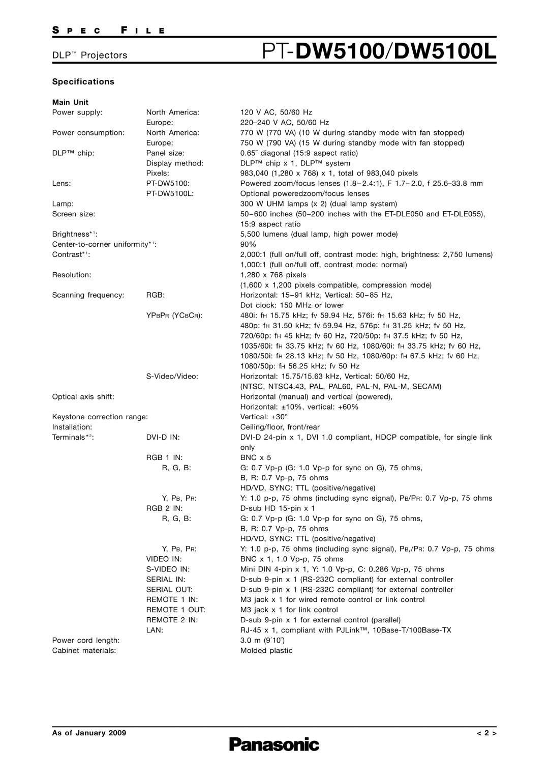 Panasonic PT-DW5100L specifications PT-DW5100/DW5100L, Specifications 