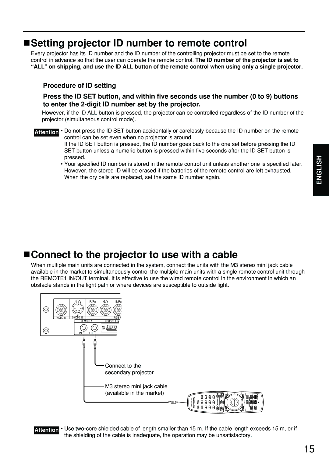 Panasonic PT-D5700E manual Setting projector ID number to remote control, Connect to the projector to use with a cable 