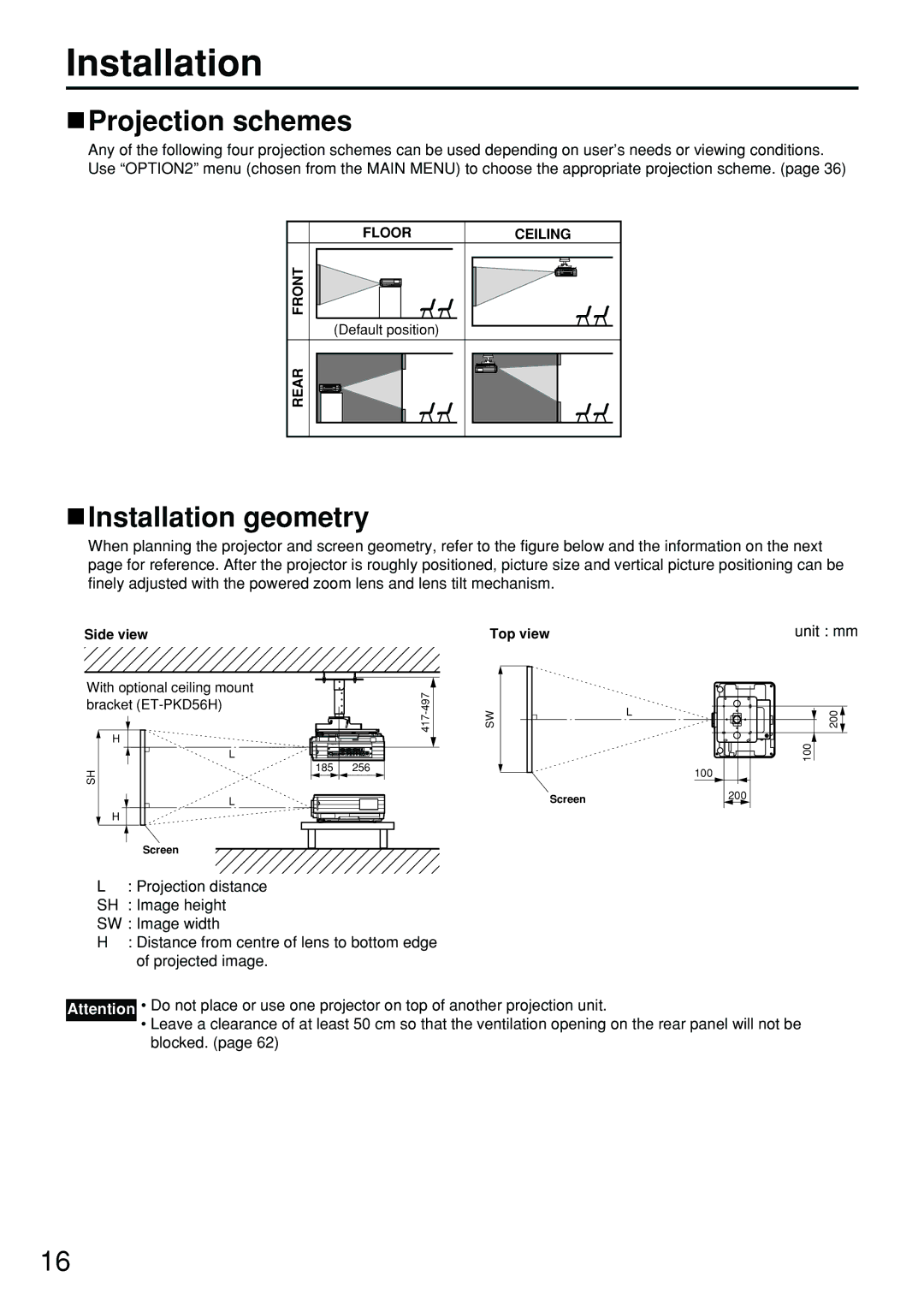 Panasonic PT-DW5100EL, PT-D5700EL manual Projection schemes, Installation geometry, Unit mm 