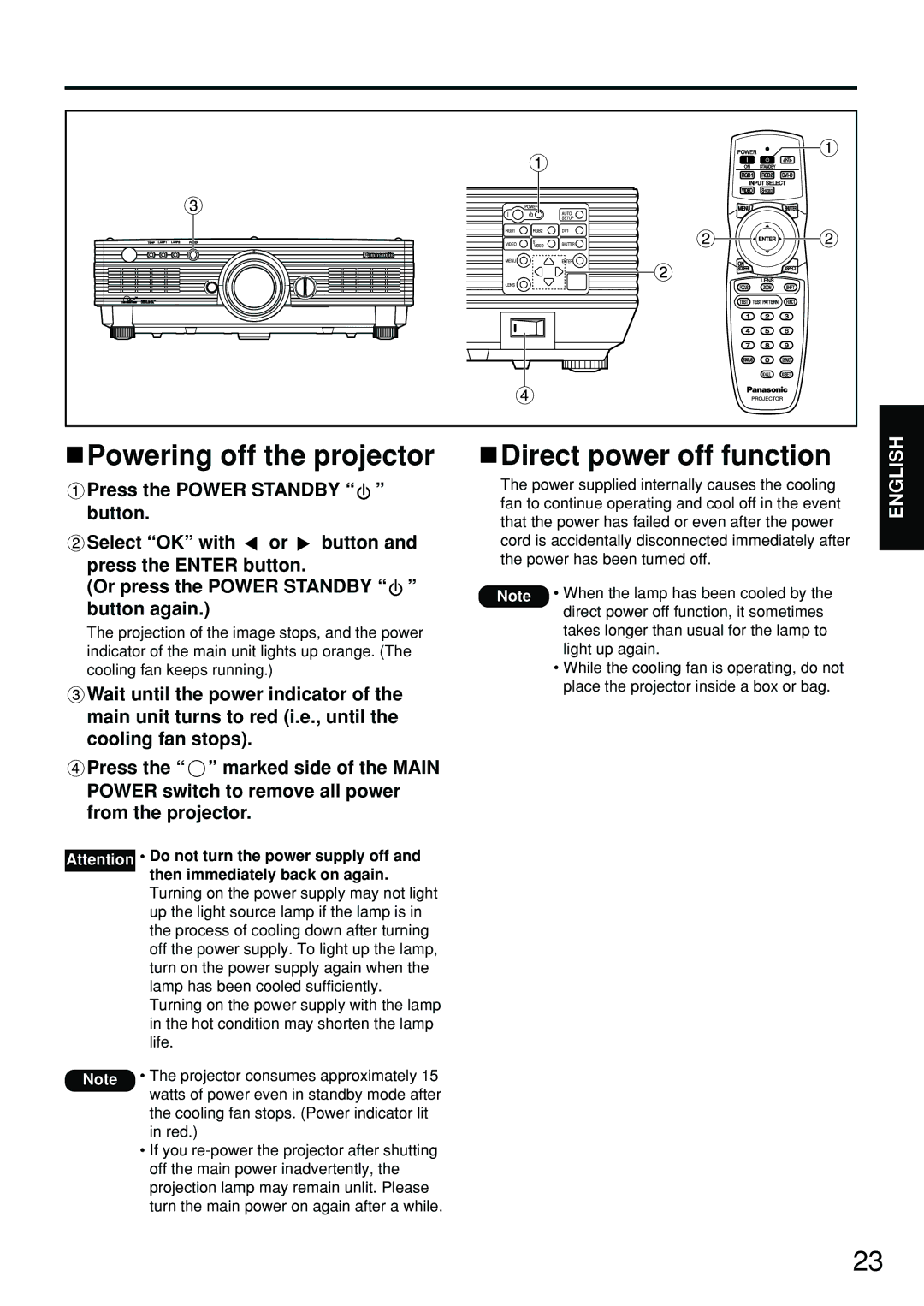 Panasonic PT-DW5100EL, PT-D5700EL manual Powering off the projector, Direct power off function 