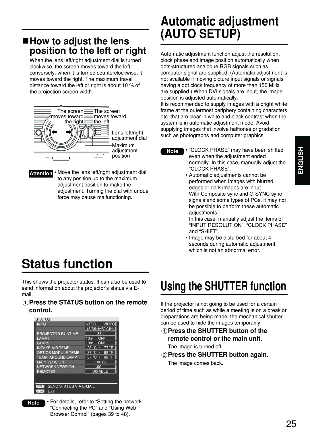 Panasonic PT-DW5100EL, PT-D5700EL Status function, Automatic adjustment, Press the Status button on the remote control 