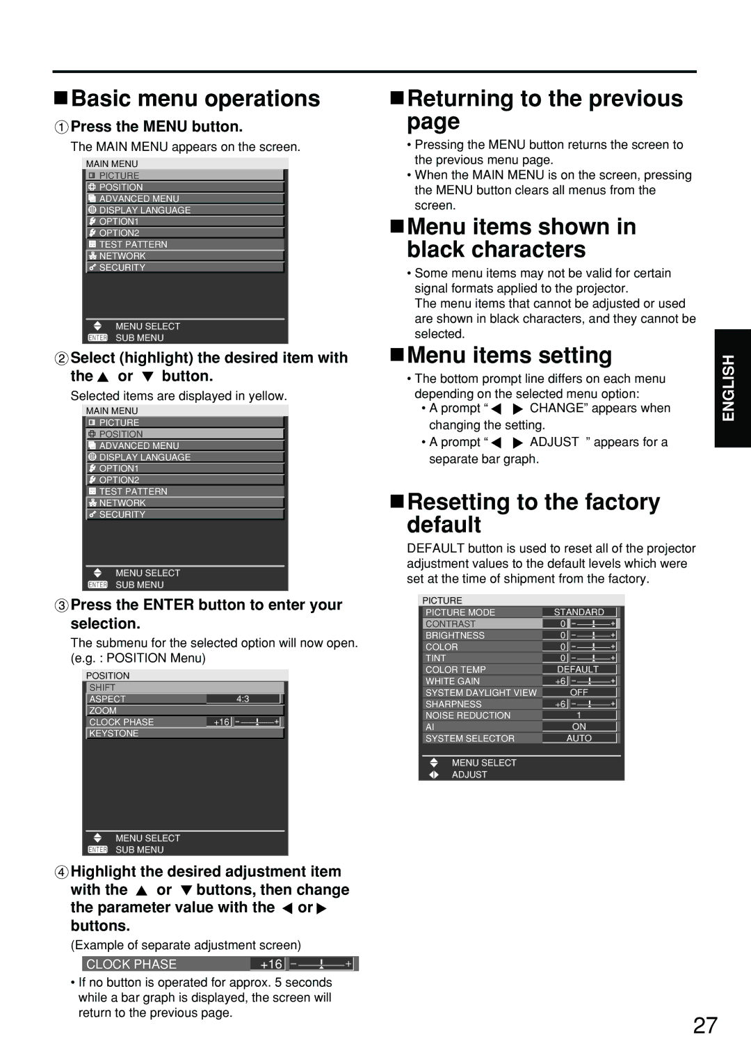 Panasonic PT-D5700E, PT-DW5100E Basic menu operations, Returning to the previous, Menu items shown in black characters 