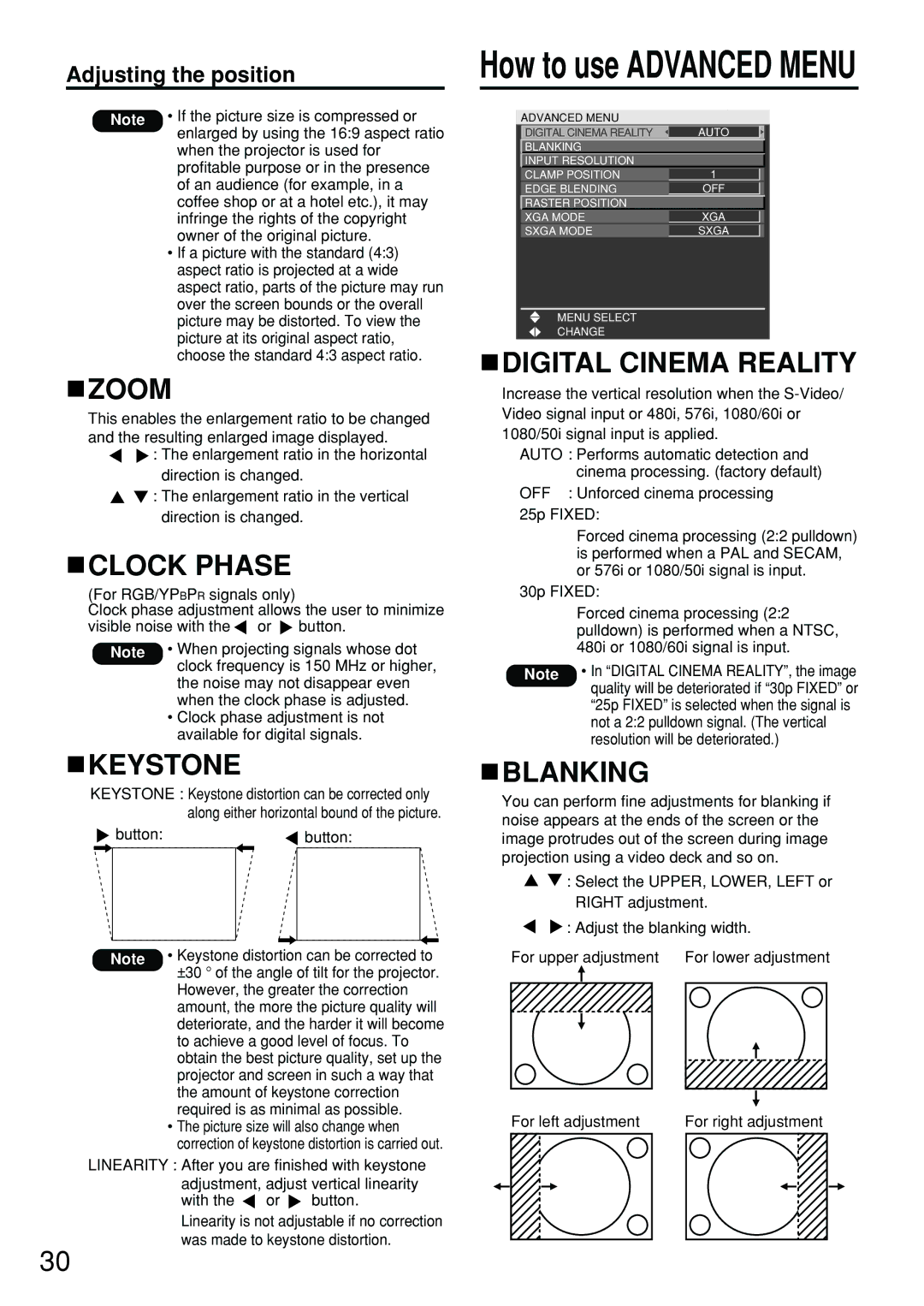 Panasonic PT-D5700EL, PT-DW5100EL manual Zoom, Clock Phase, Keystone, Digital Cinema Reality, Blanking 